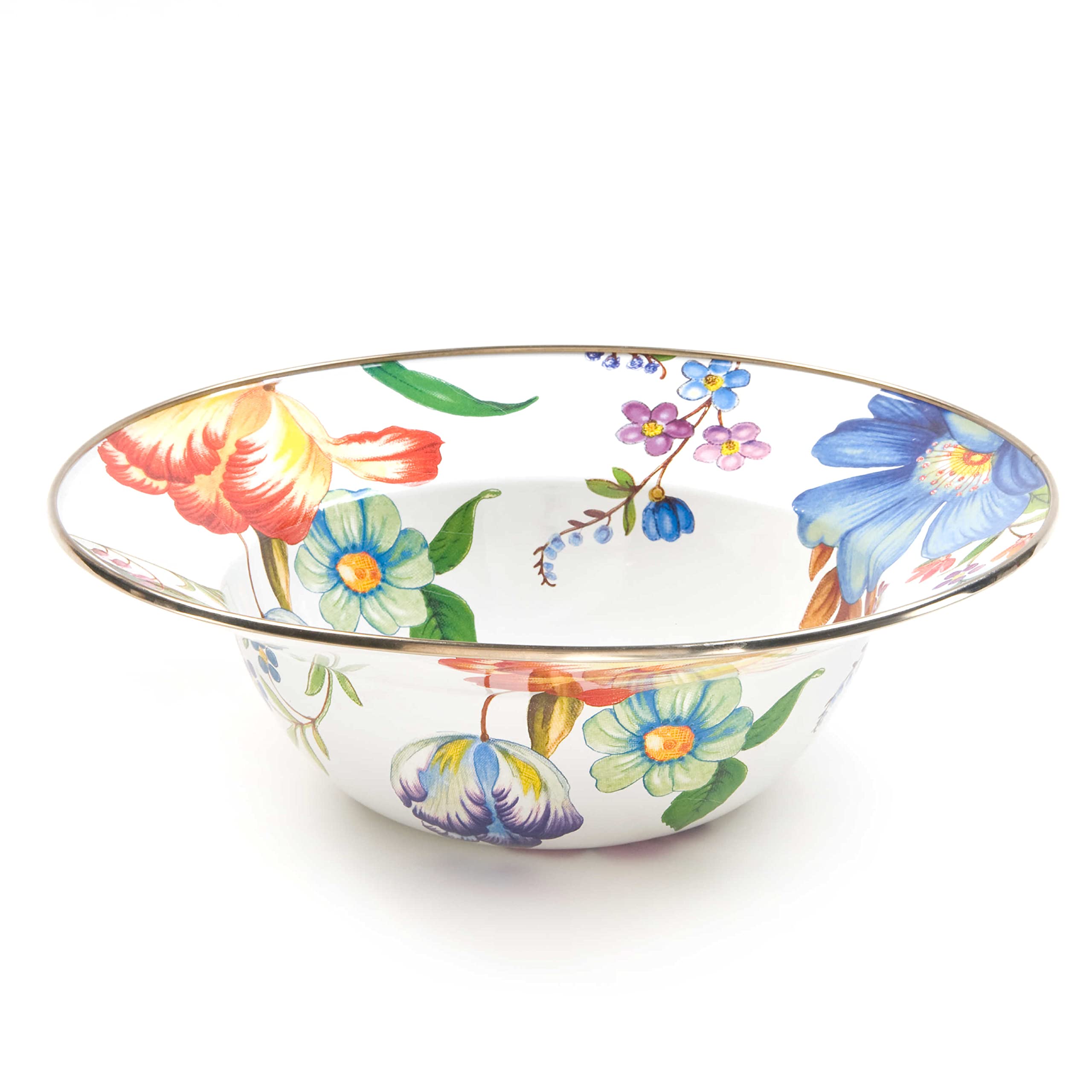 MACKENZIE-CHILDS 12-Inch Enamel Serving Bowl - White Flower Market Design - Durable Enamel Serveware for Entertaining, Dining & Kitchen Decor - Perfect for Salads, Pasta, Fruit & Party Displays