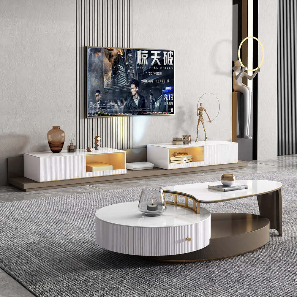 Modern Extendable Coffee Table with Storage - Sintered Stone Top & Solid Wood Frame - Perfect for Living Room, Lounge & Small Spaces