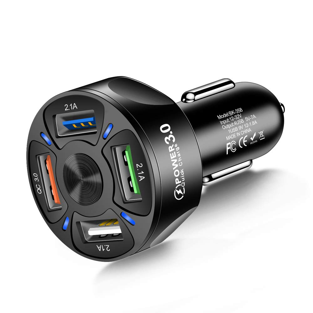 36W Fast Car Charger Adapter with 4 USB Ports - QC3.0 Quick Charge 3.0 & 2.1A High Speed Charging - Compatible with iPhone 12 Pro/Max/11/X/8 - Mini Cigarette Lighter USB Charger for Road Trips & Daily Commute (Black)