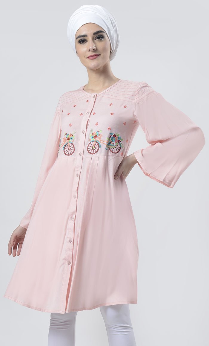 Graceful Light Pink Embroidered Bicycle Print Tunic Top with Front Buttons - Casual Chic Outfit for Women, Perfect for Spring & Summer Riding, Picnics, and Outdoor Adventures