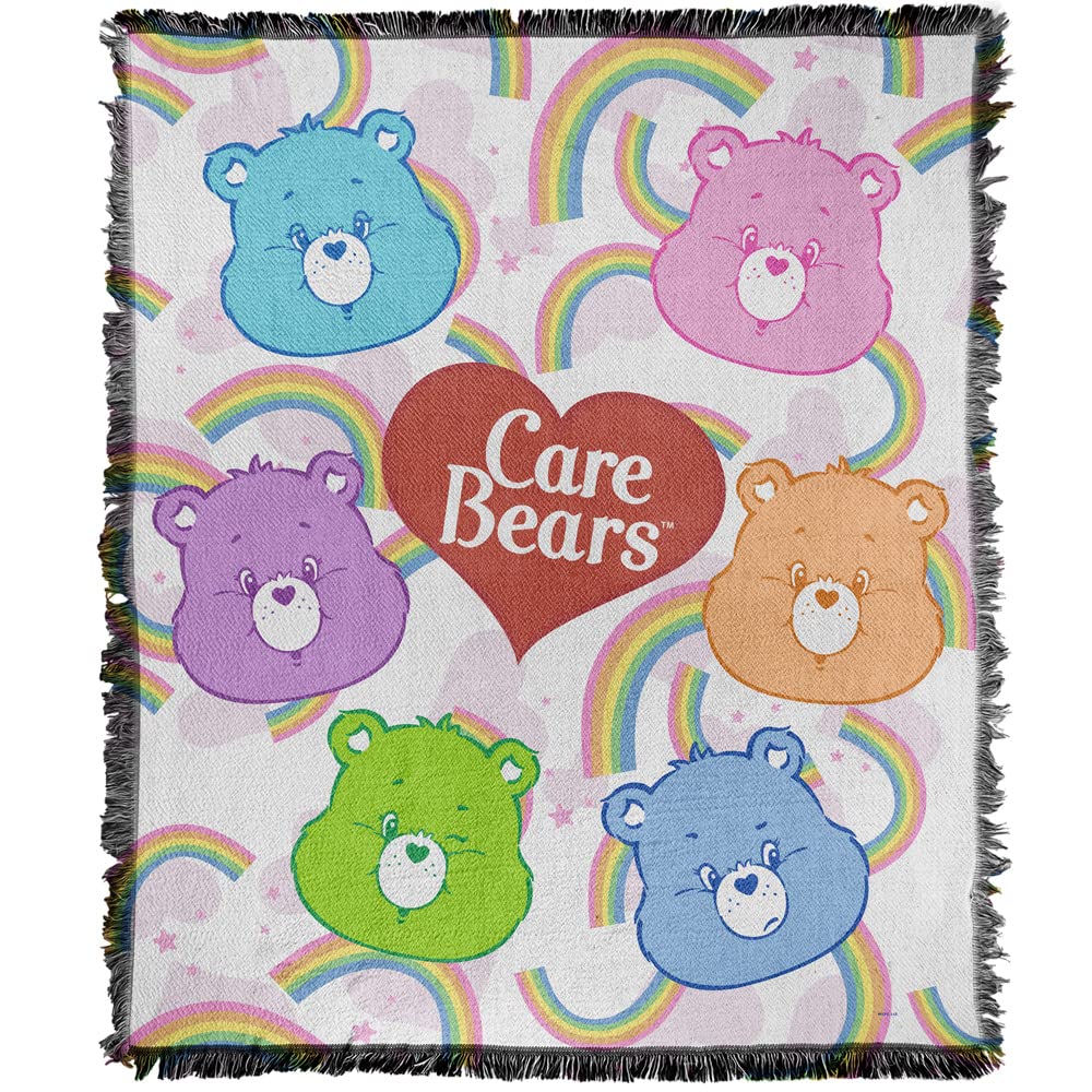 Care Bears Blanket 50x60 Inches - Soft Cotton Blend Woven Tapestry Throw with Fringed Edges - Cozy Bear Heads Design for Bed, Couch & Gift Giving