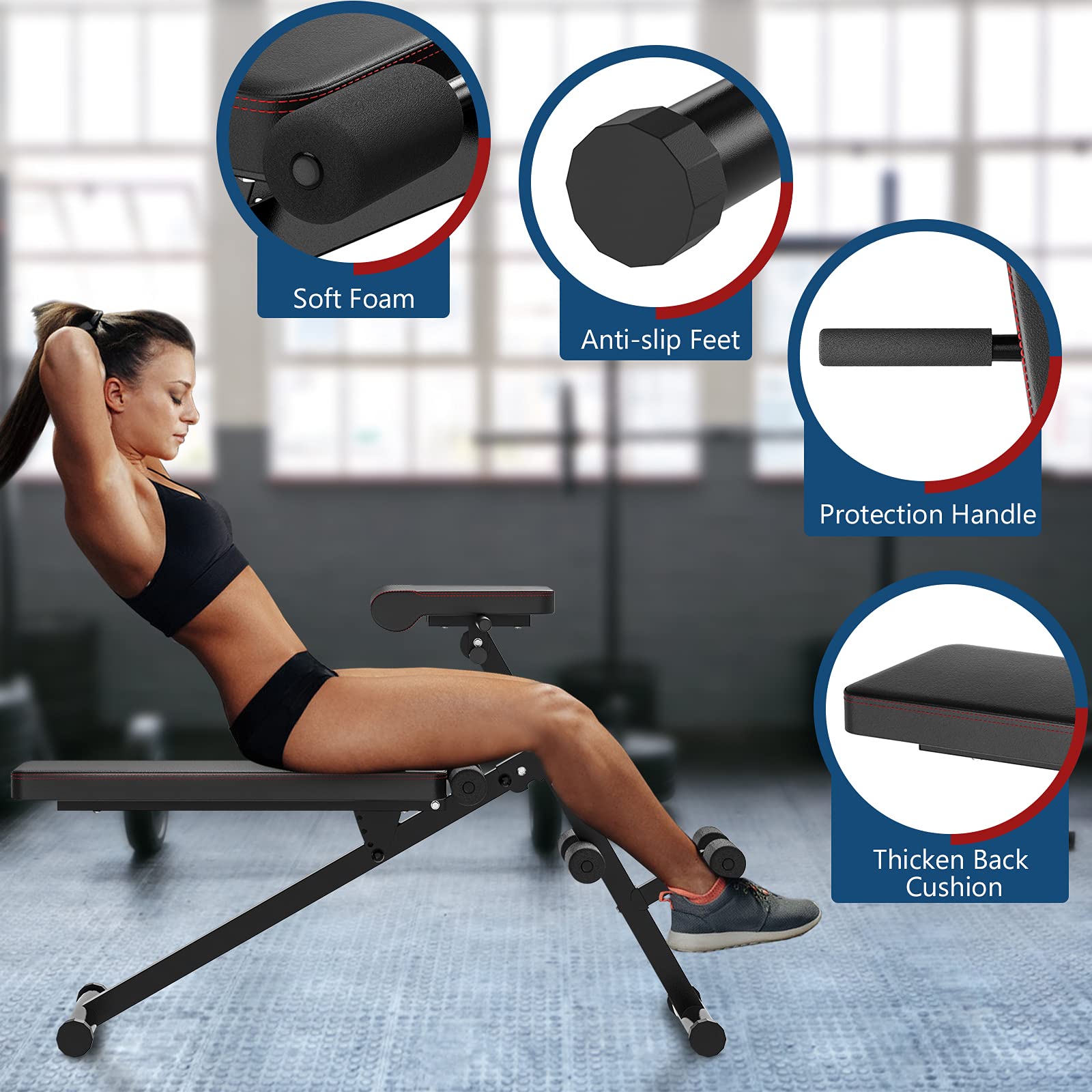 Goplus Adjustable Weight Bench - Foldable Multi-Functional Exercise Bench for Strength Training, Core Workouts, Leg Exercises, Sit Ups & Push Ups - Perfect for Home Gym & Personal Fitness Training (Black)