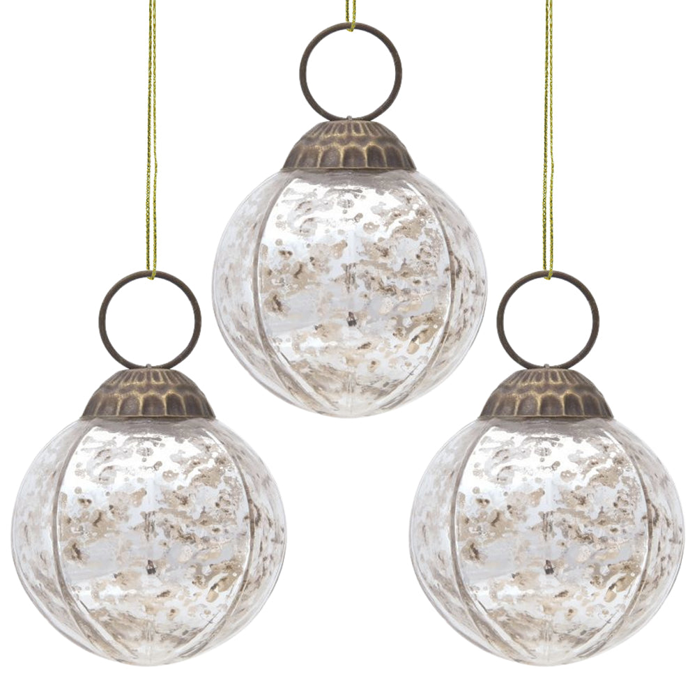 3 Pack Silver Penina Mercury Glass Ball Ornaments - Elegant Christmas Tree Decorations for Holiday Home, Party & Festive Decor