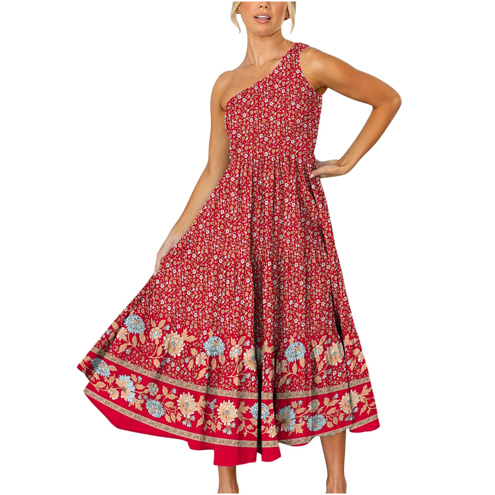 One Shoulder Boho Dress for Women - Vintage Western Print Summer Beach Dress, Mid-Length Sun Dress | Perfect for Beach Vacations, Music Festivals & Boho Chic Outfits