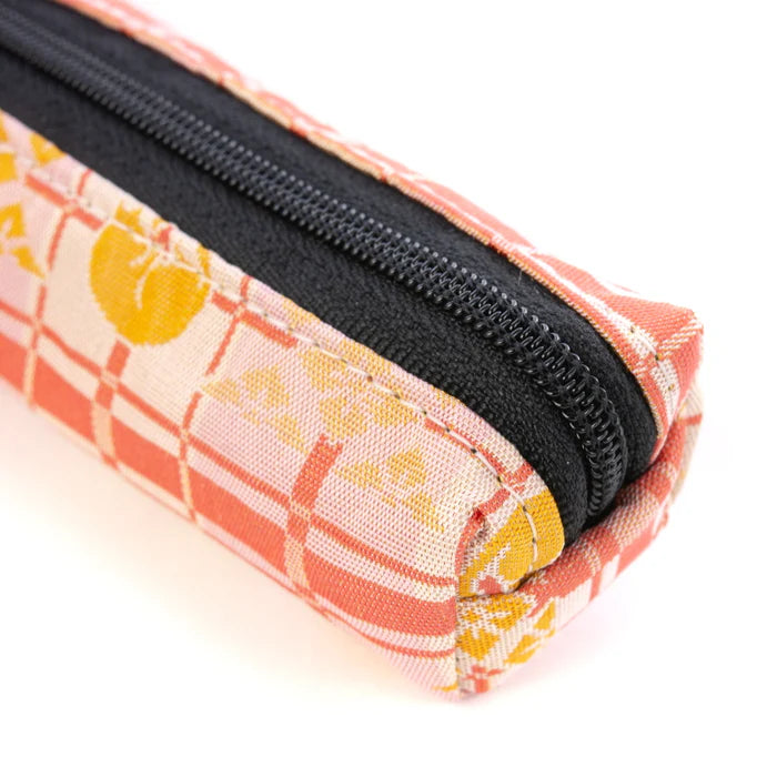 Japanese Nishijin Ori Pencil Case - Pink Good Luck Cat & Cross Stripes Pattern | Kyoto Traditional Craft Pen Pouch | Perfect for School, Office & Gift Giving