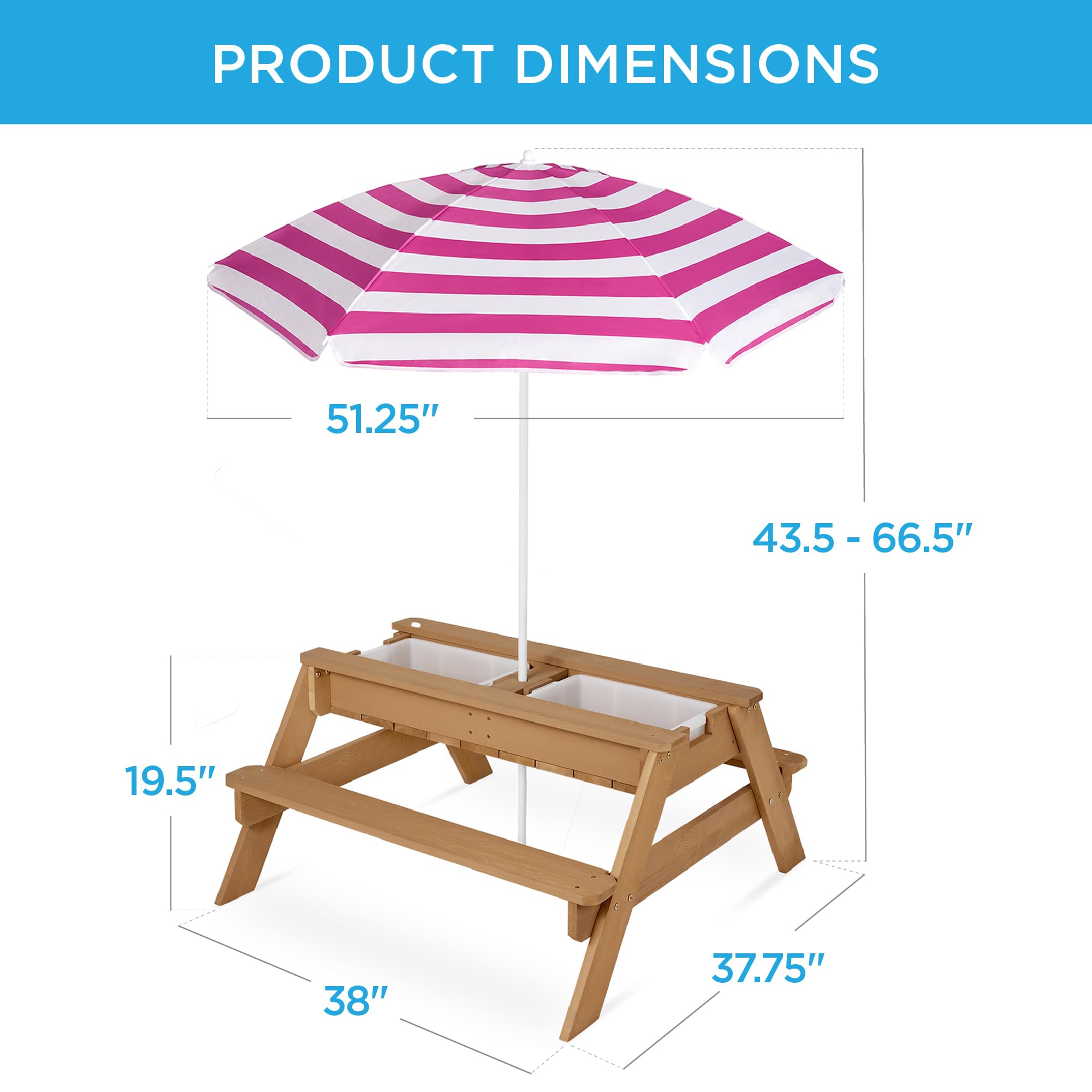 Best Choice Products Kids 3-in-1 Sand & Water Table with Umbrella - Convertible Wooden Outdoor Picnic Table with 2 Trays & Removable Top, 220lb Weight Capacity - Natural/Dark Pink - Perfect for Backyard Play, Beach Fun & Outdoor Parties