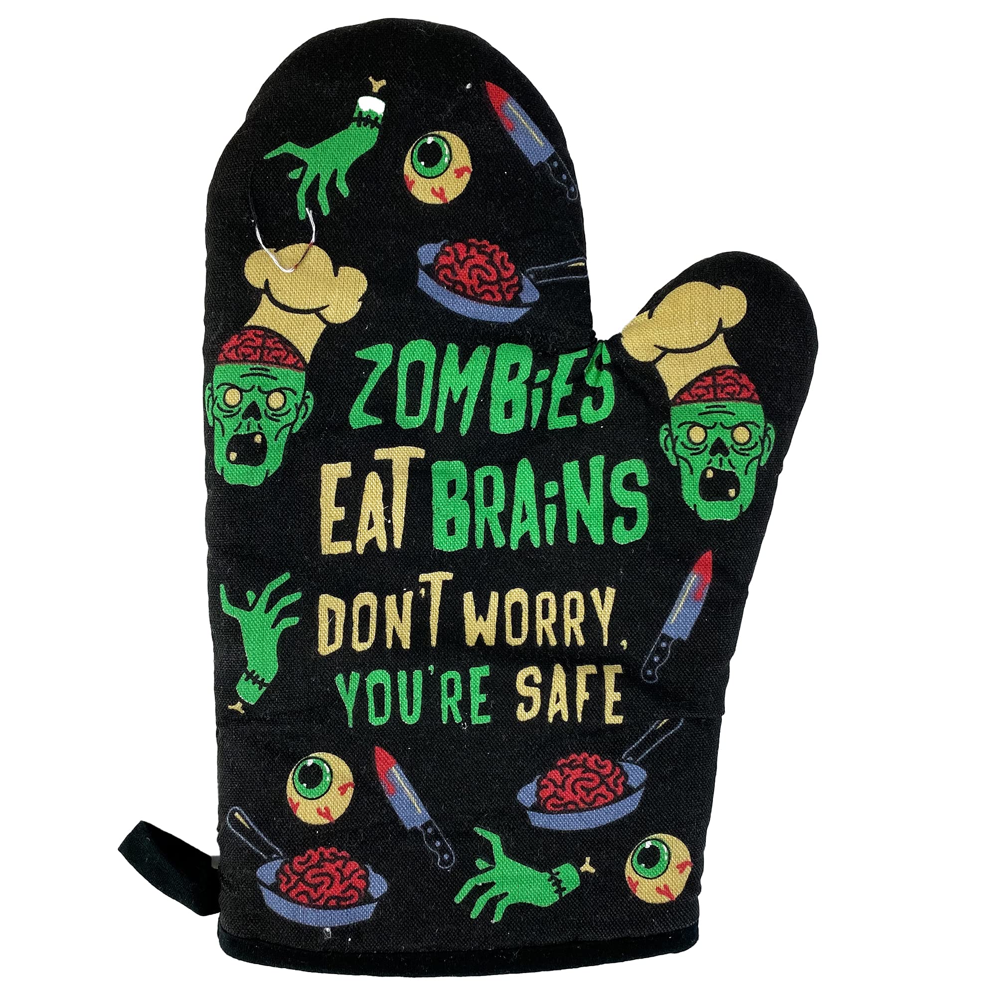 Funny Zombie Oven Mitt - 'Zombies Eat Brains Don't Worry You're Safe' Graphic Kitchen Glove | Sarcastic Halloween Gift, Undead Themed Cooking Accessory for Baking, BBQ & Halloween Parties