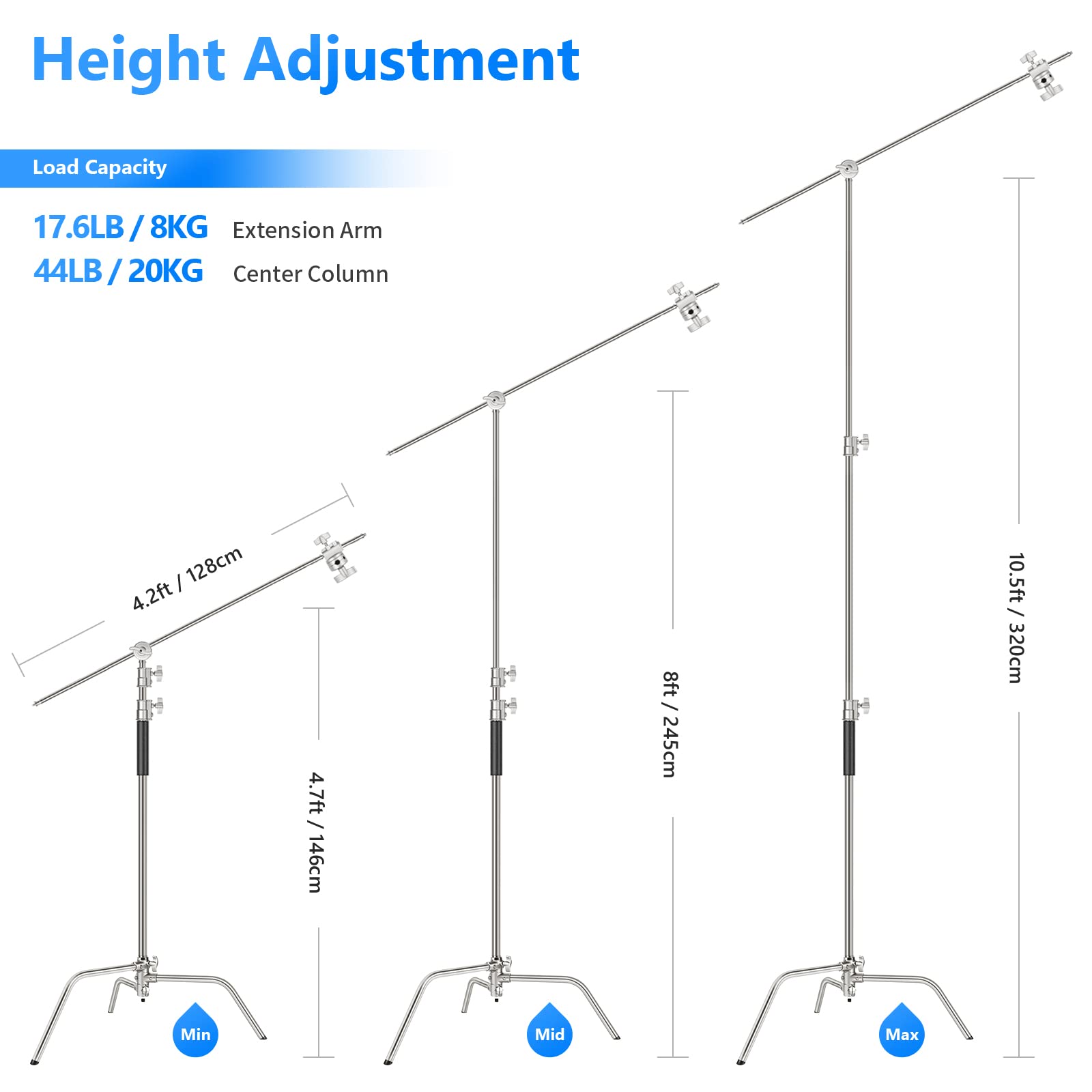 NEEWER Pro 100% Stainless Steel Heavy Duty C Stand with Boom Arm - 10.5ft Max Height Photography Light Stand, 4.2ft Holding Arm & 2 Grip Heads - Perfect for Studio Monolight, Softbox, Reflector - Ideal for Photography, Videography, and Film Production
