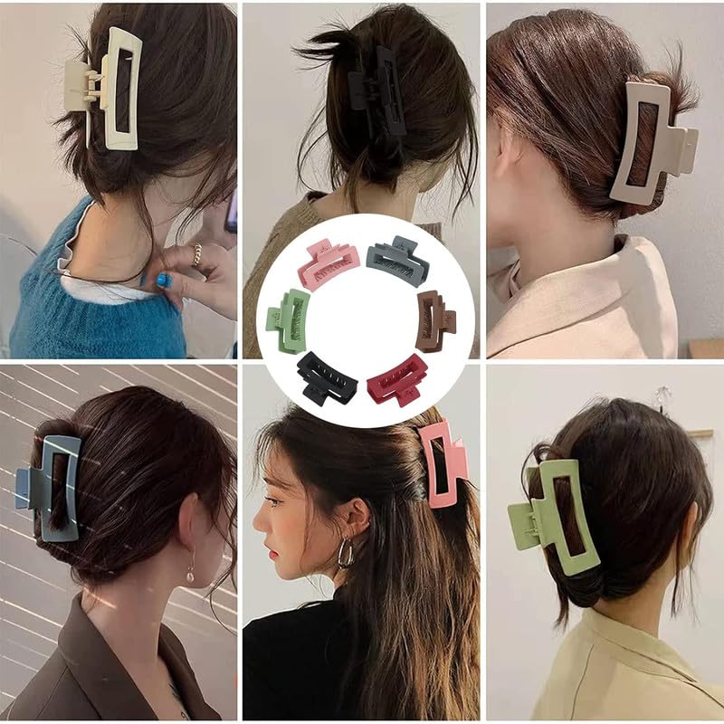 6-Piece Matte Rectangular Hair Clips for Women & Girls - Non-Slip Large Plastic Claw Clips in Multicolor - Perfect for School, Work, and Everyday Hairstyling