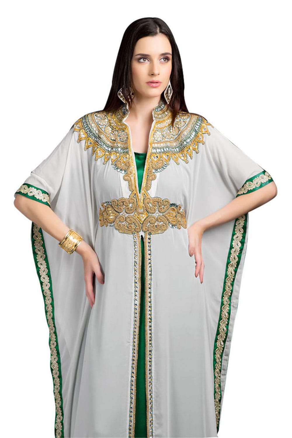 Elegant Green and White Long Dress with Hand Embroidery - Perfect for Weddings, Parties, and Special Occasions