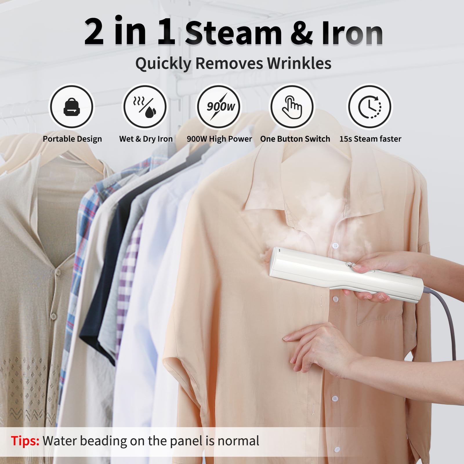 Portable Handheld Garment Steamer - 900W Mini Iron Steamer for Clothes, 3-in-1 Wet & Dry Ironing, 15s Fast Heat Up Wrinkle Remover for Home, Office & Travel (120V) | Perfect for Business Trips, Weddings & Quick Outfit Refresh