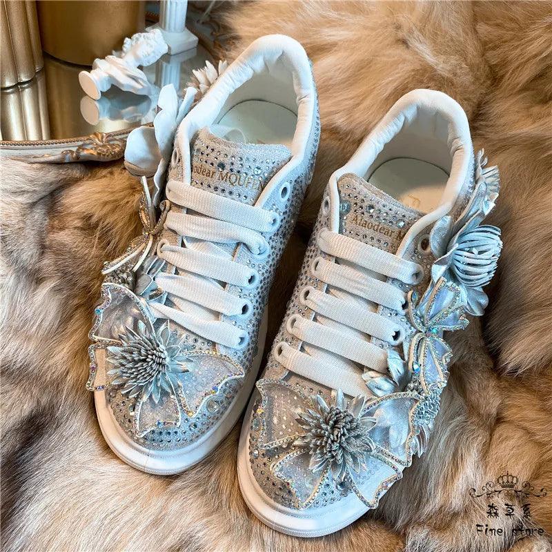 Women's Silver Butterfly Bow Crystal Sneakers - Stylish Platform Shoes with Diamond & Floral Accents | Comfortable Fashion Footwear for Parties, Weddings & Everyday Wear