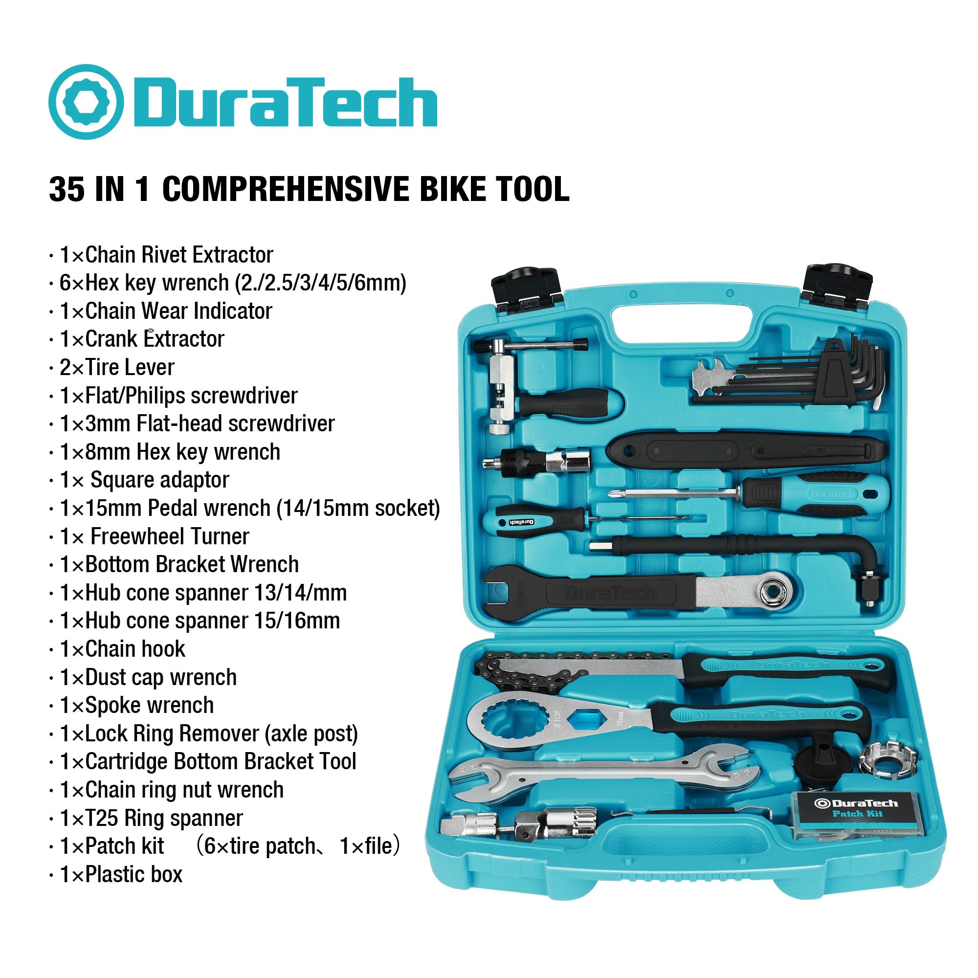 DURATECH Bike Repair Kit - 45-Piece Bicycle Tool Kit with Portable Carry Case for Tire, Brake, Chain & Pedal Maintenance - Essential Mountain & Road Bike Accessories - Perfect Gift for Cyclists (Men & Women) - Ideal for Trail Rides, Commuting & Emergency Roadside Repairs