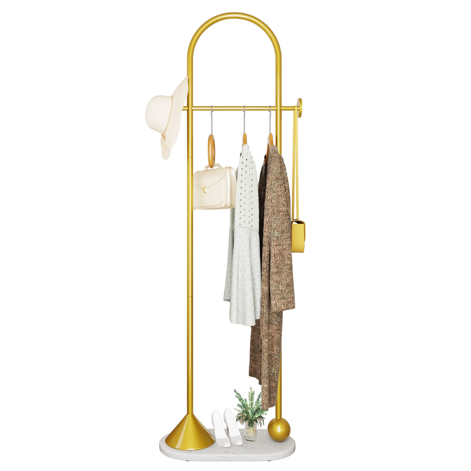 TIEOU Freestanding Metal Gold Coat Rack - Modern Entryway Stand for Hats, Jackets & Clothing | Perfect for Small Spaces, Apartments & Home Organization