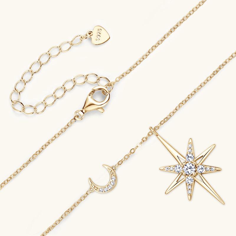 Star & Moon Premium Moissanite Pendant Necklace for Women - 925 Sterling Silver Jewelry Gift for Birthday, Anniversary & Valentine's Day - Elegant Everyday & Special Occasion Necklace