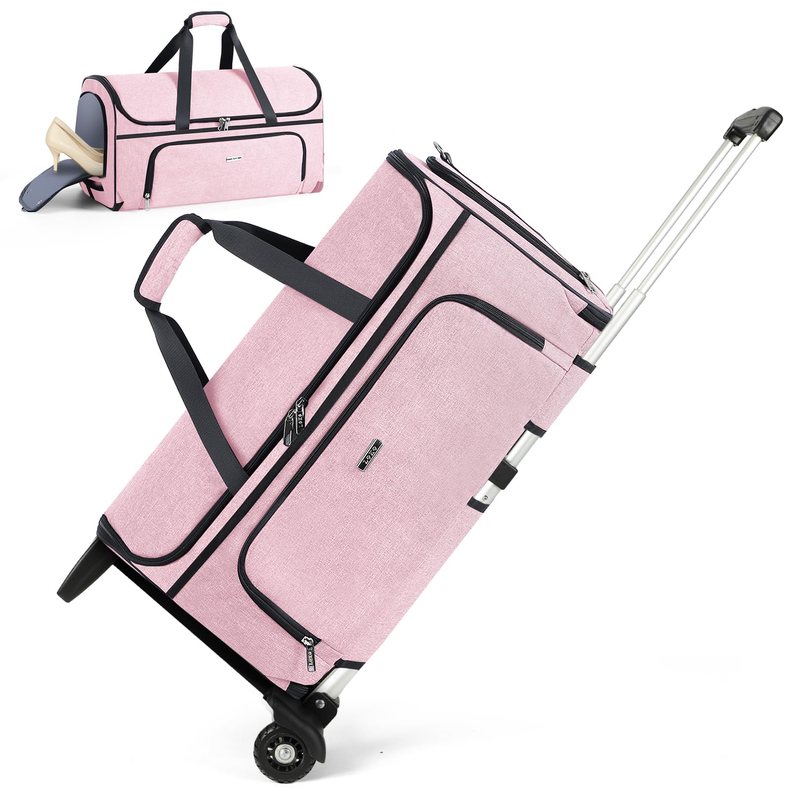 Premium Garment Bags with Wheels - Convertible Weekender Luggage for Travel, Large Duffle Garment Bag for Suits & Dresses (Pink) | Perfect for Business Trips, Weddings & Airplane Carry-On