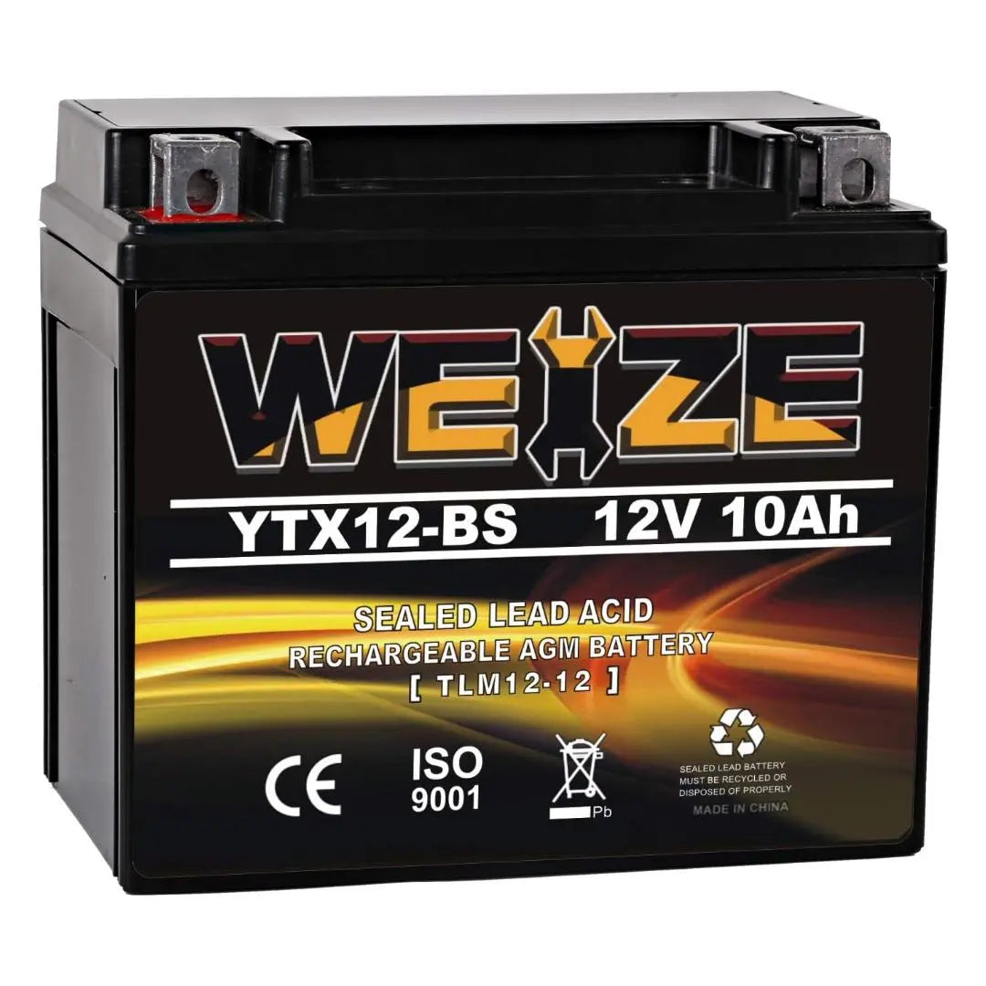 WEIZE YTX12-BS 12V 10Ah AGM Sealed Motorcycle Battery - Maintenance Free, High Performance, Rechargeable ATV Battery Compatible with Honda, Kawasaki, Suzuki - Perfect for Off-Road, Dirt Bikes & Powersports Vehicles