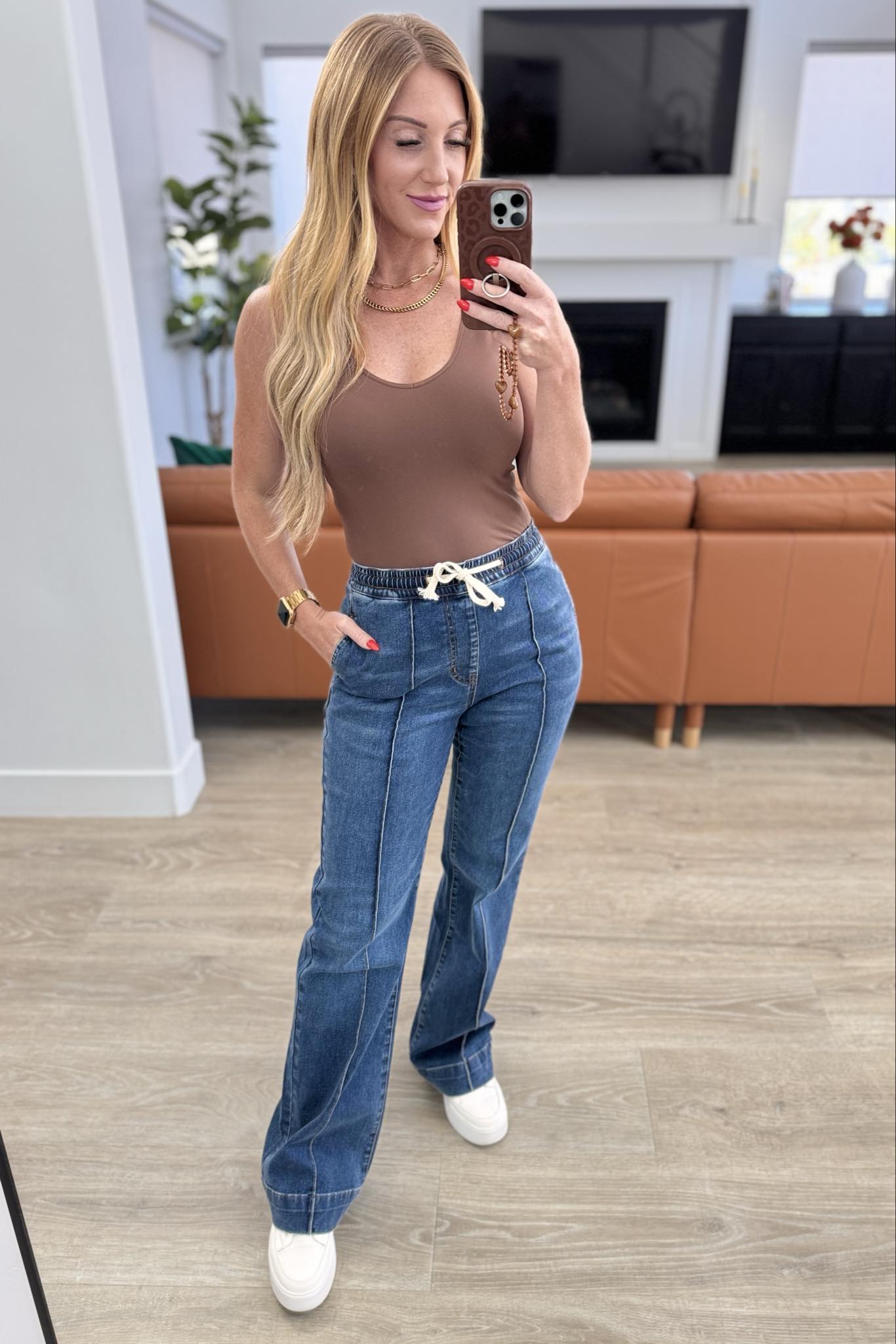High Rise Wide Leg Denim Joggers for Women - Comfortable Stretchy Casual Pants for Lounge, Travel & Everyday Wear