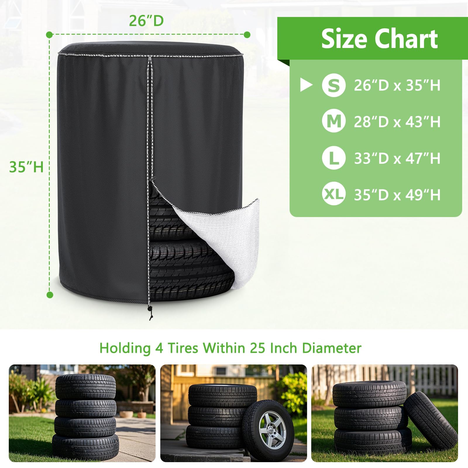 AKEfit Heavy Duty Waterproof & Dustproof Tire Cover - 4 Pack Black Tire Storage Bags for RV, Trailer, SUV & Truck Tires up to 25 Inch Diameter with Secure Zipper Closure | Perfect for Winter Storage, Off-Road Protection & Long-Term Vehicle Tire Preservation
