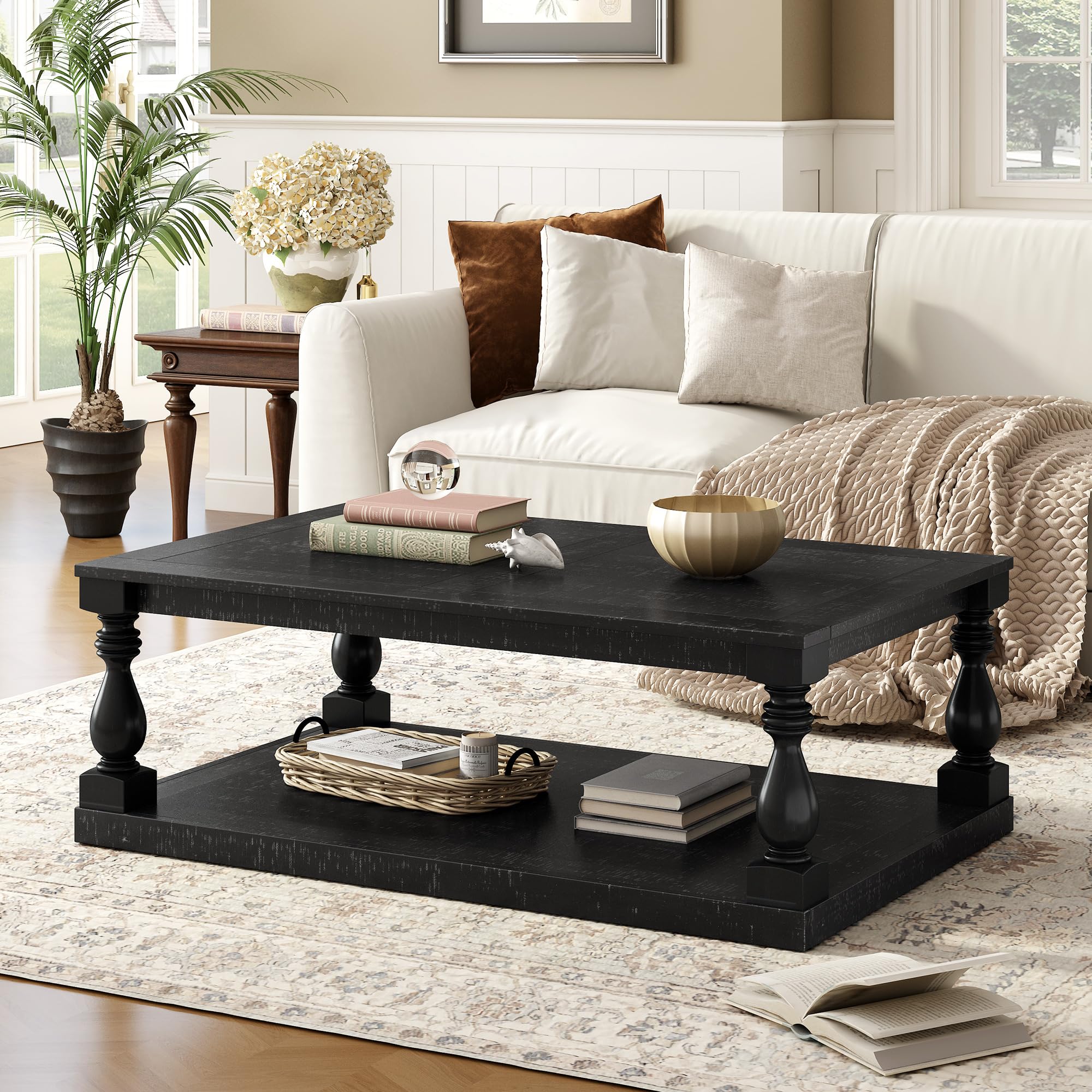 Modern Wooden Coffee Table with Storage - P PURLOVE Black Living Room Center Table for Home & Office | Durable Home Furniture for Living Room, Reception & Lounge Areas
