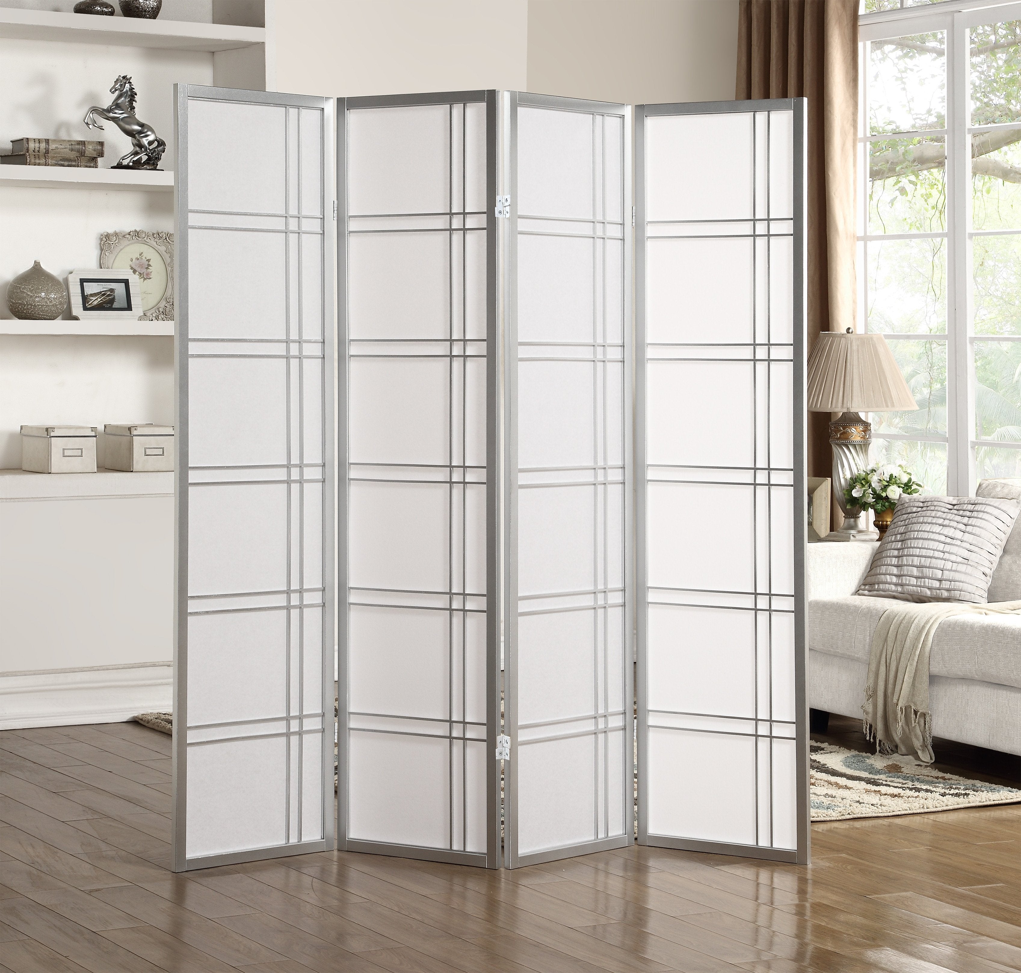 Roundhill Furniture Seto 4-Panel Wooden Room Divider Screen - Handcrafted Asian Style Folding Privacy Partition for Home, Office & Bedroom Decor