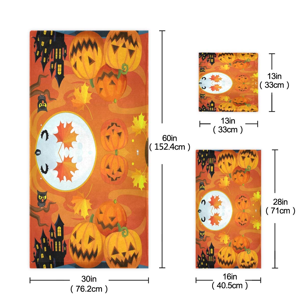 Halloween Pumpkin Leaf Owl Print Bathroom Towel Set - 3-Piece Decorative Towel Bundle (Bath Towel, Hand Towel & Washcloth) for Spooky Fall Bathroom Decor & Seasonal Home Styling