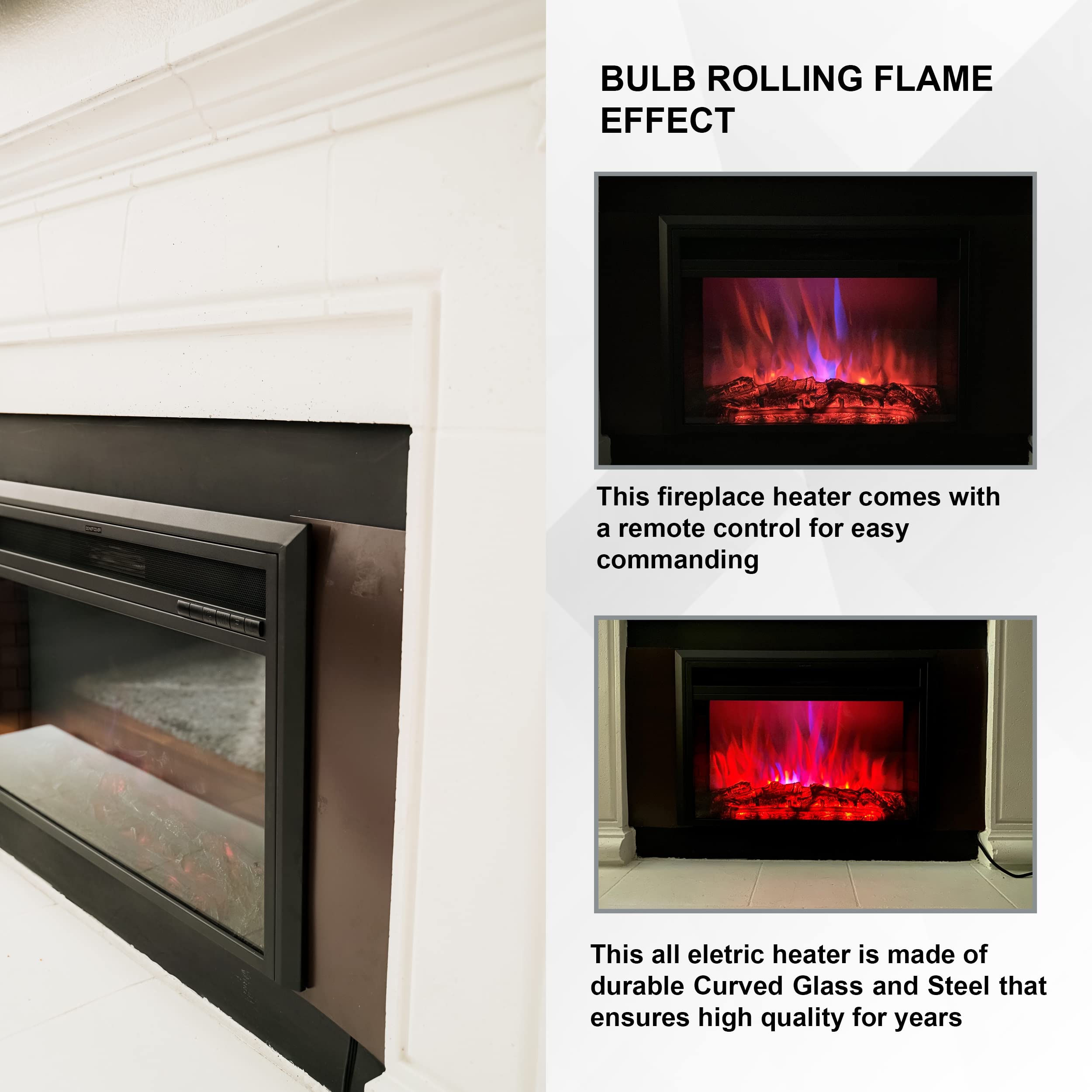 XBrand 32 Inch Electric Fireplace Heater with Remote Control - LED Realistic Flame Effect, Adjustable Thermostat & Overheat Protection - Modern Black Glass & Steel Design for Living Room, Bedroom & Office