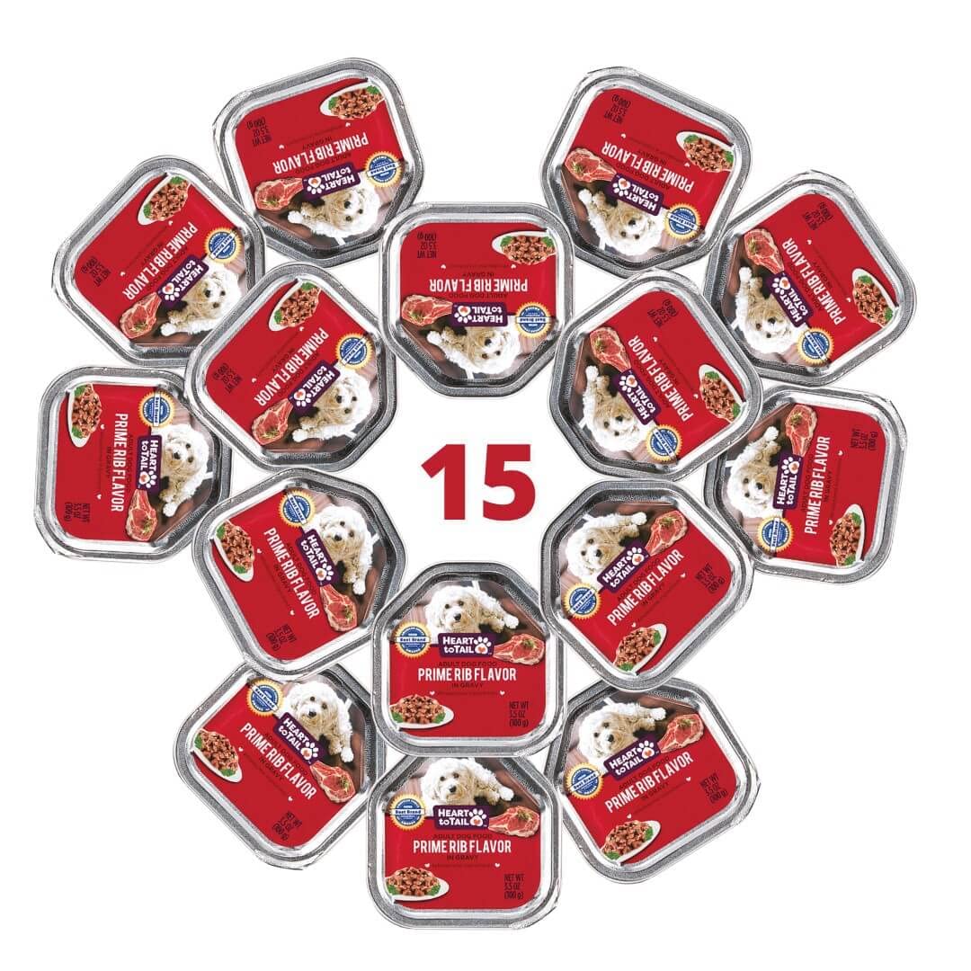 HEART TO TAIL 15 Trays Wet Dog Food 3.5 OZ Prime Rib Flavor - Grain-Free, High-Protein Puppy & Adult Dog Food - Perfect for Travel, Training & Daily Meals