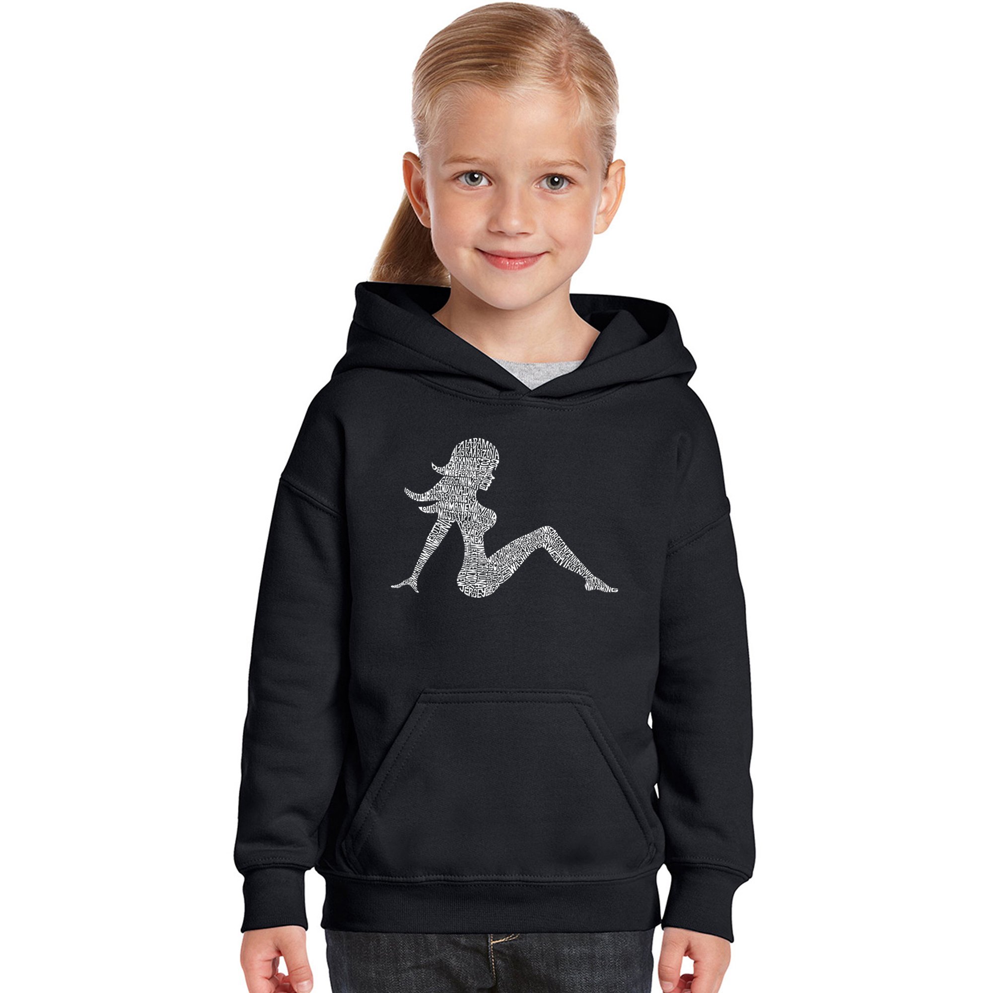 LA POP ART Girl's Word Art Hooded Sweatshirt - Trendy Mudflap Girl Design | Soft Cotton Pullover for Teens & Women | Perfect for Casual Wear, Street Style & School Outfits