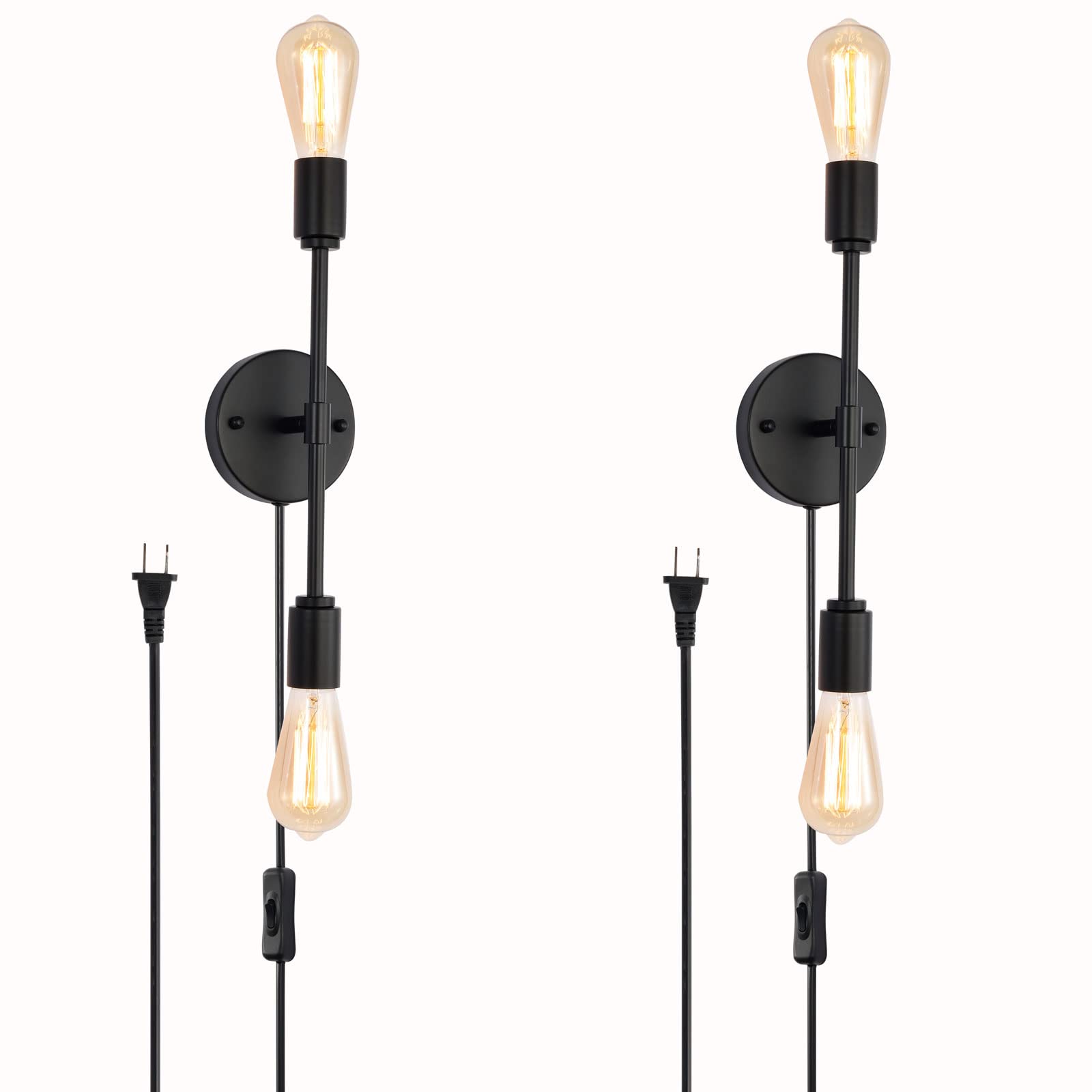 Modern Industrial 2-Light Black Bathroom Vanity Light Fixtures with On/Off Switch Cord - Plug in Wall Sconce Set of 2 for Living Room, Bathroom, Farmhouse, Dining Room - Perfect for Ambient Lighting and Home Decor