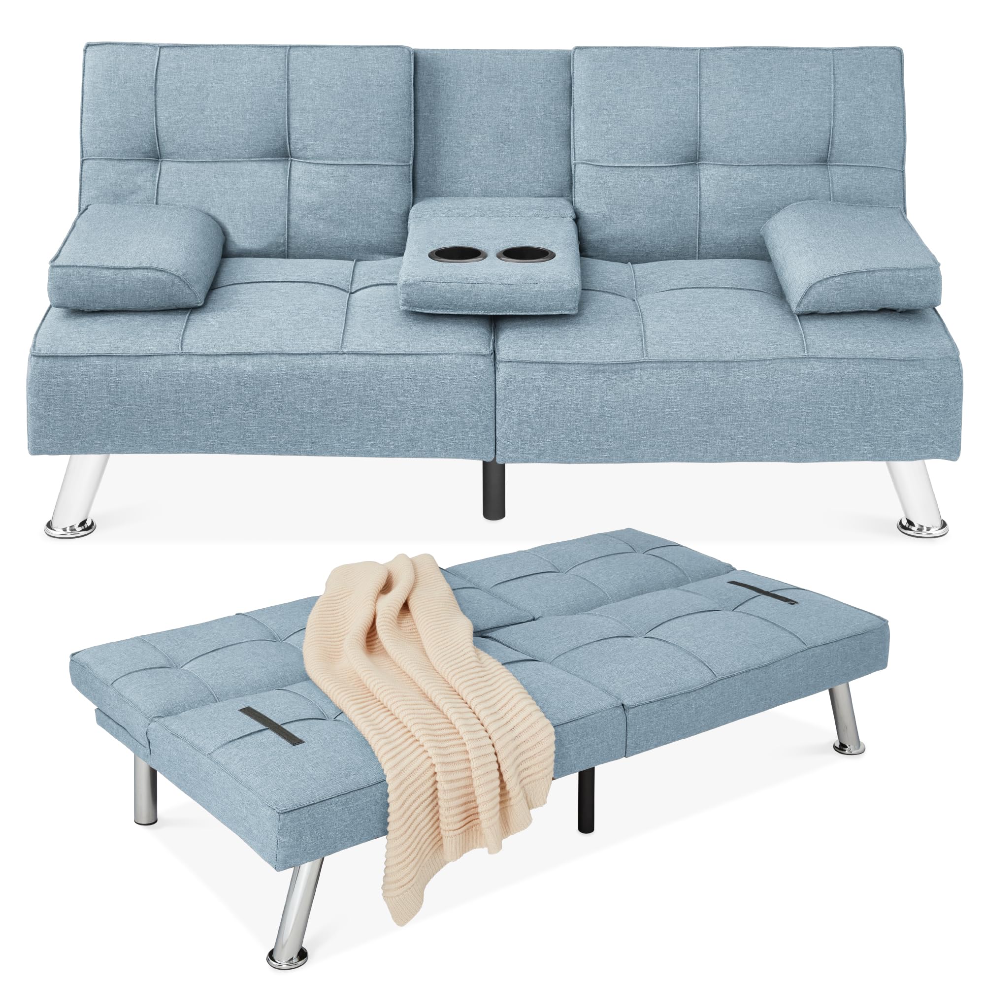 Best Choice Products Modern Folding Futon Sofa Bed - Light Blue Linen Reclining Convertible Couch with Removable Armrests & 2 Cup Holders - Perfect for Small Apartments, Dorm Rooms, Guest Rooms and Home Offices