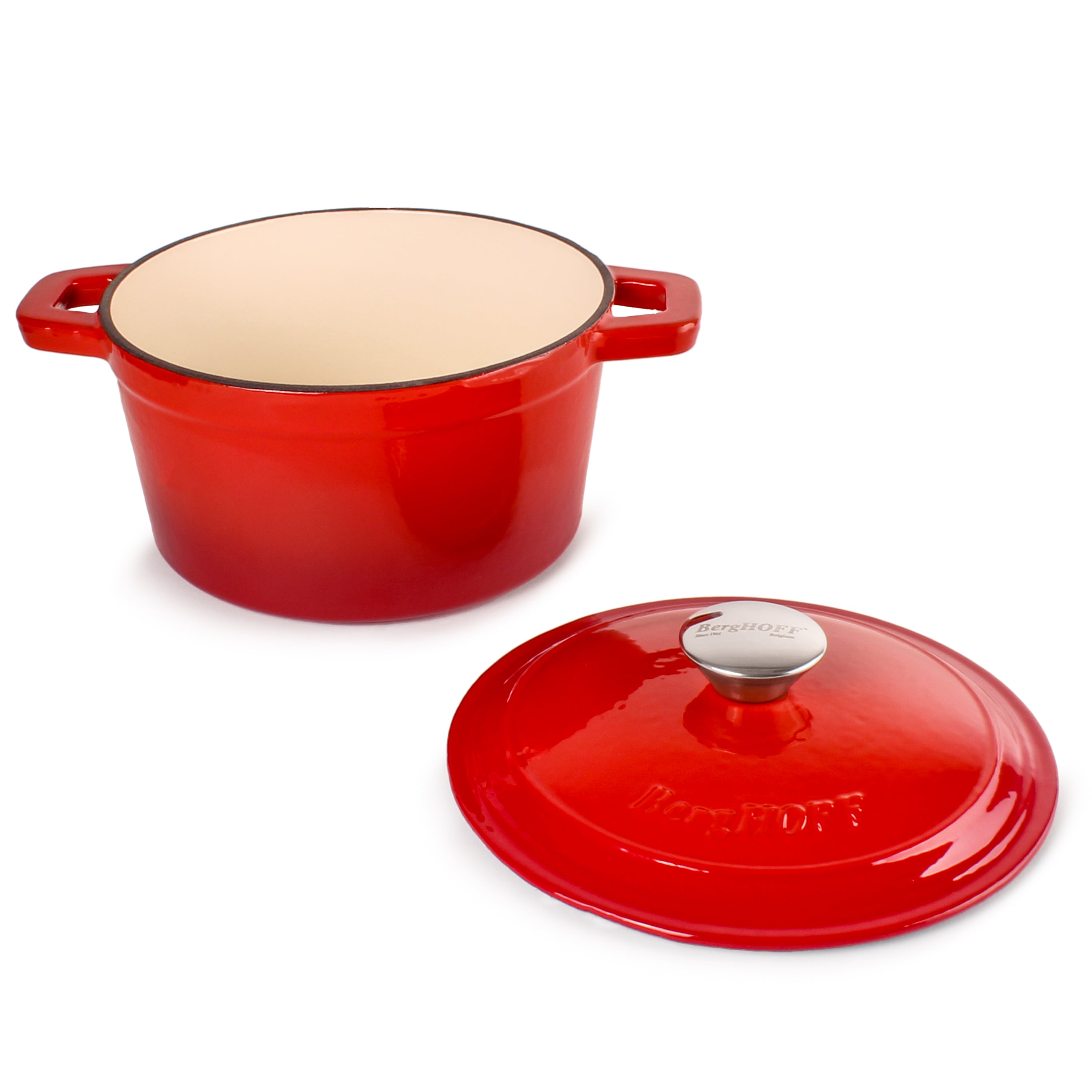BergHOFF Neo 3-Piece Cast Iron Cookware Set - Red Dutch Oven & Skillet for Braising, Frying & Baking | Stovetop to Oven Safe | Perfect for Camping, Home Kitchen & Outdoor Cooking