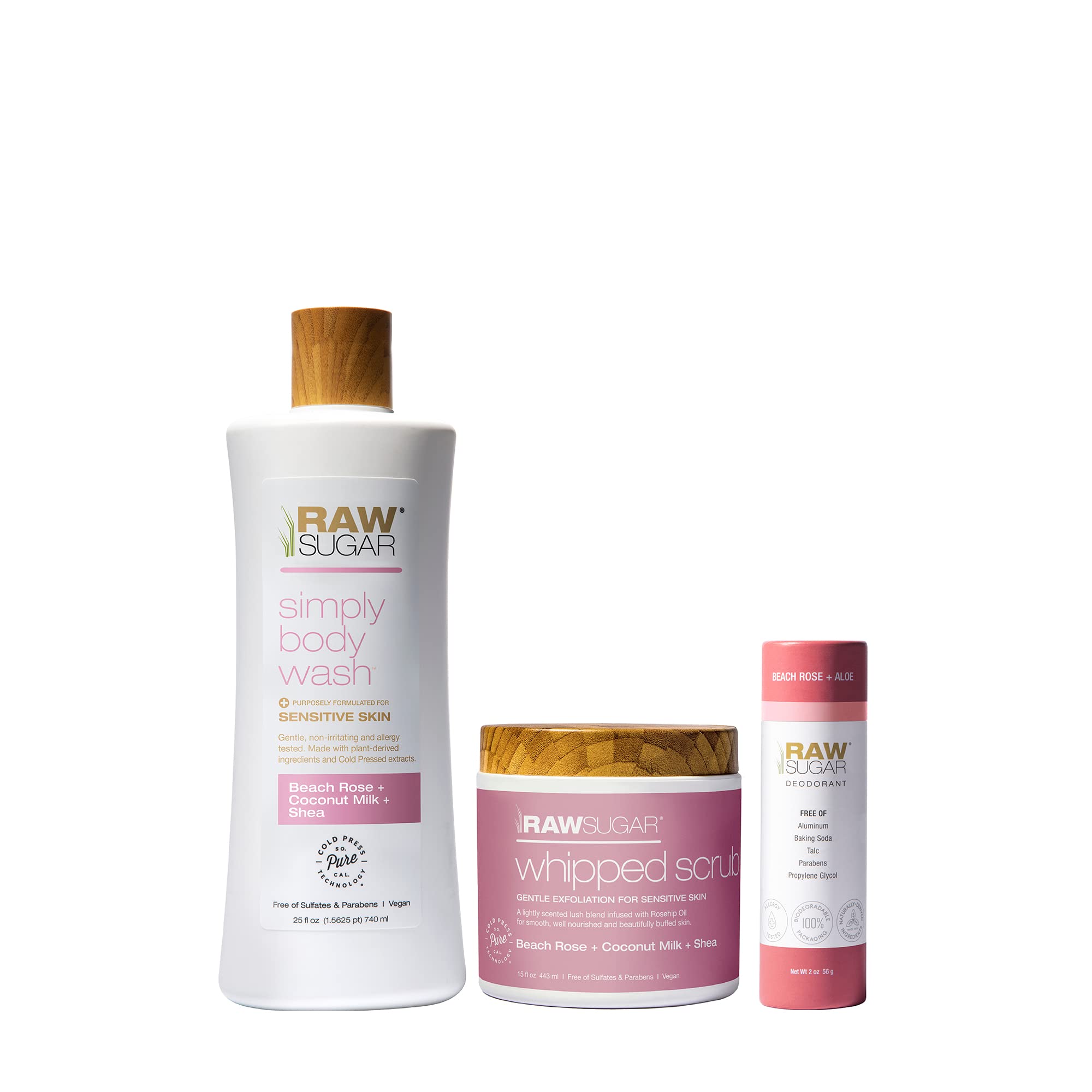 **Raw Sugar Beach Rose & Coconut Milk Shea Body Love Bundle - Sensitive Skin Body Wash, Body Scrub & Deodorant | Sulfate-Free, Paraben-Free, Clean Ingredients | Perfect for Spa Day & Beach Getaways**
