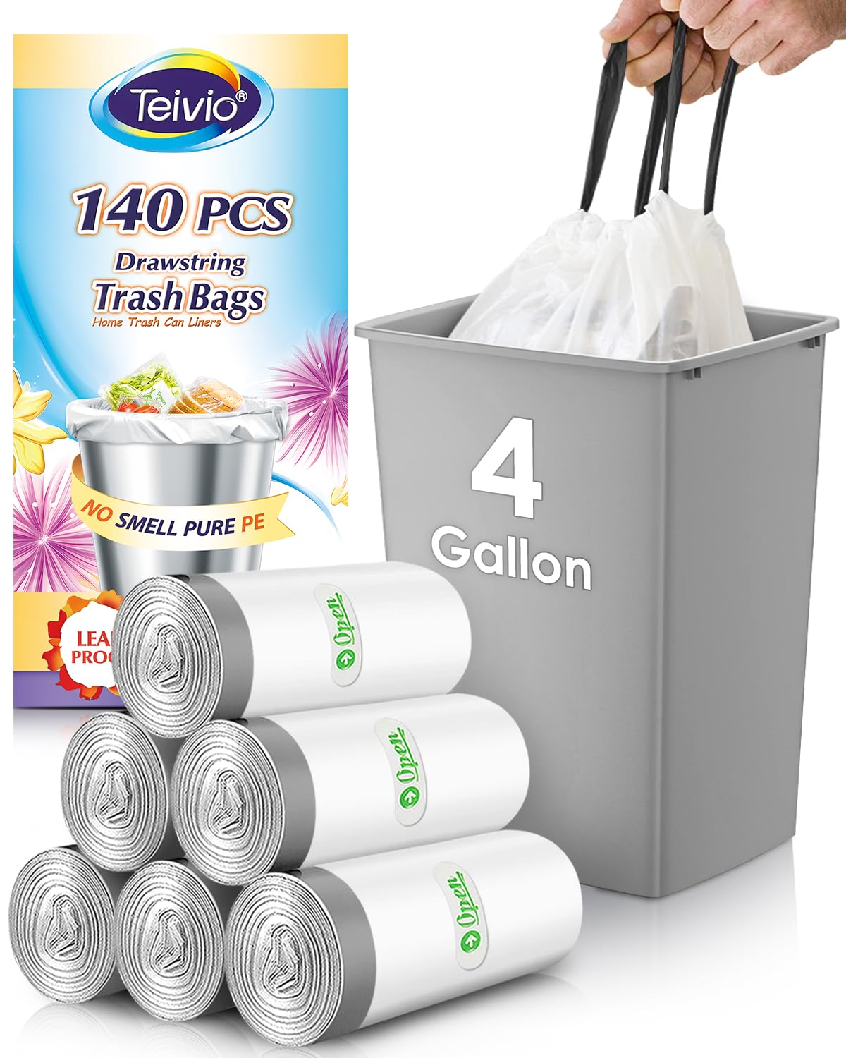 Teivio 4 Gallon 140 Counts Strong Drawstring Trash Bags - Heavy Duty Garbage Bags for Bathroom, Kitchen, Office & Home Use - Small Plastic Bin Liners (White) - Perfect for Waste Bins, Diaper Pails & Pet Litter Disposal