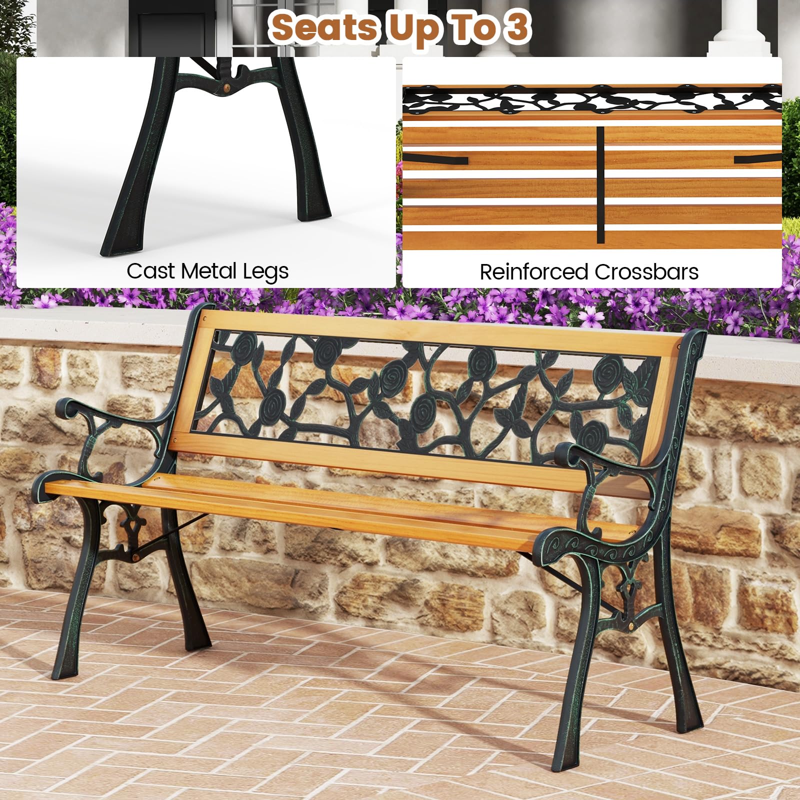 Tangkula Outdoor Garden Bench - Heavy Duty Cast Iron & Hardwood Park Bench for Patio, Porch, Backyard, Deck, Lawn, Poolside - Weather Resistant Loveseat for Relaxing in Gardens, Parks or Outdoor Spaces