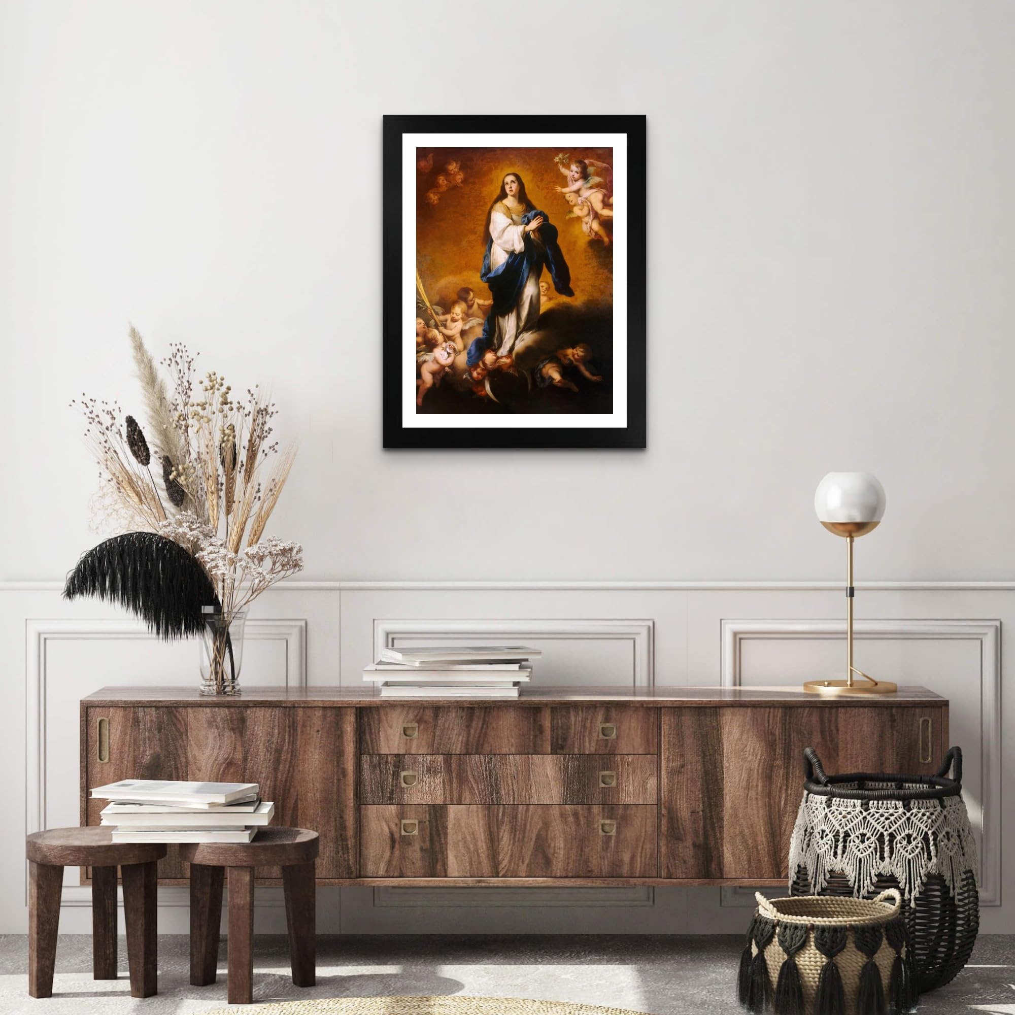 Bartolome Murillo The Immaculate Conception Oil Painting Reproduction - 14x20 Matted Print in Black Flat Frame (20.5x26.5) - Fine Art Wall Decor for Living Room, Bedroom & Office