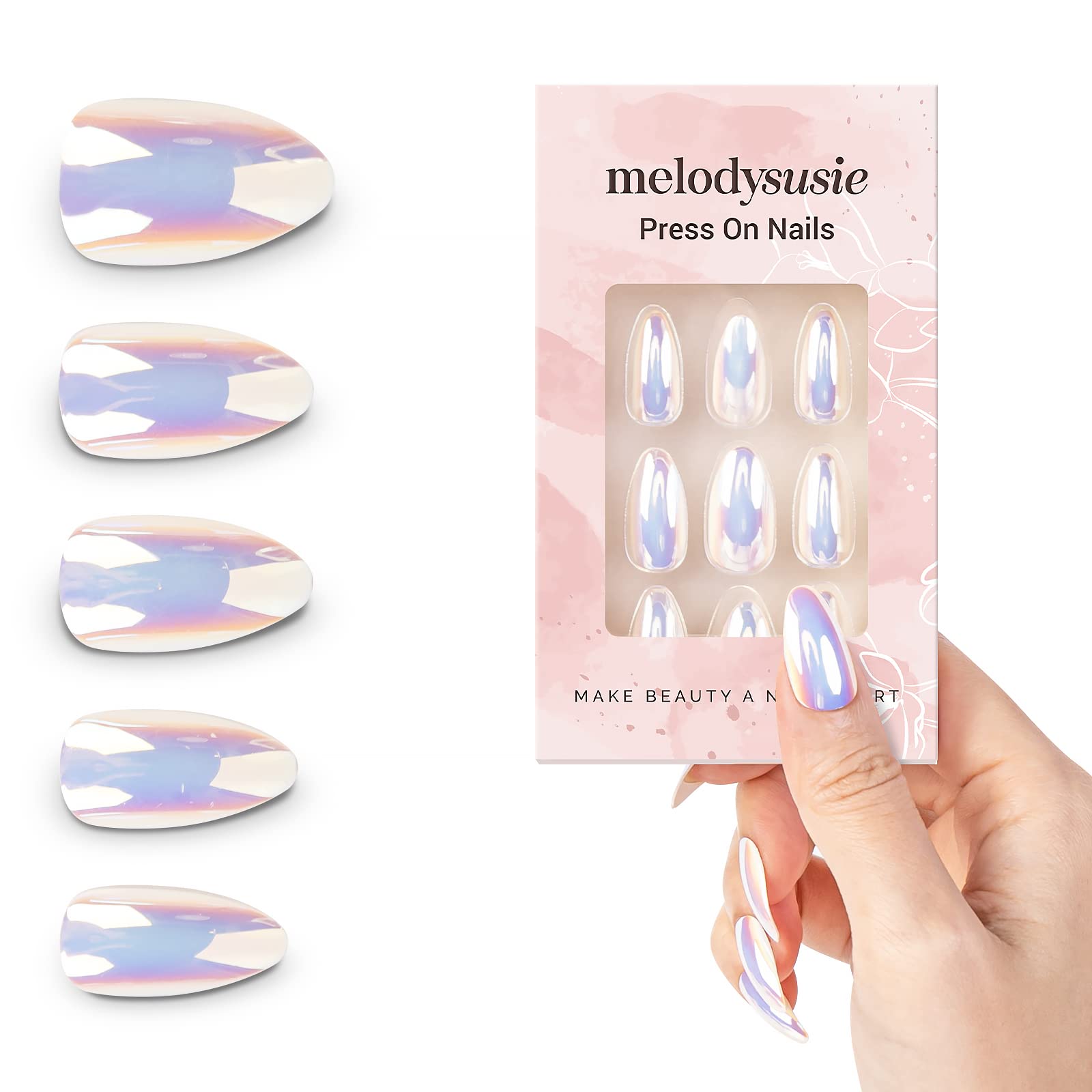 MelodySusie Press On Nails - 24Pcs Short Almond Shape Fake Nails Kit with Jelly Glue | Glossy Finish, 10 Sizes | Perfect for Daily Wear, Parties & Special Occasions