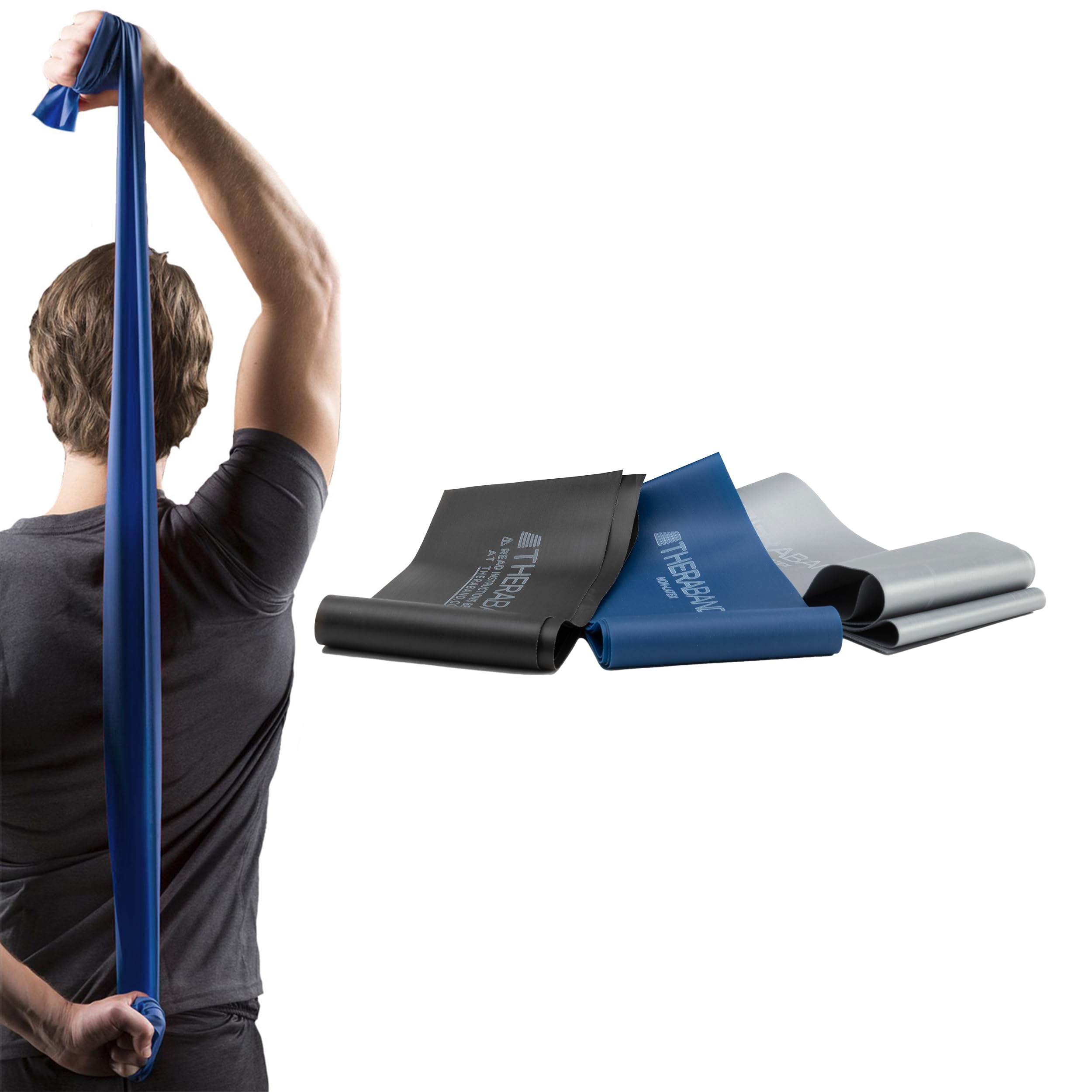 THERABAND Resistance Bands Set - Professional Elastic Exercise Bands for Full Body Workout, Strength Training, Physical Therapy & Pilates (Blue/Black/Silver) | Home Gym, Rehabilitation & Fitness Training Equipment
