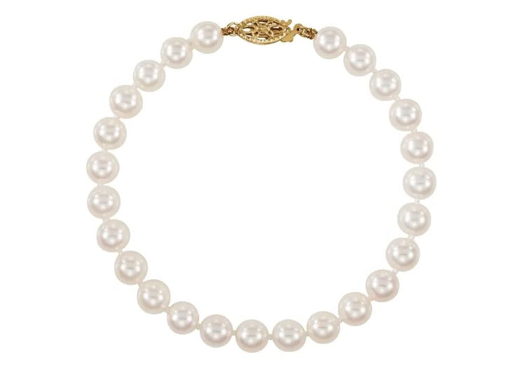 14Kt 6mm White Cultured Akoya Pearl Bracelet for Women - Elegant Jewelry Gift for Wedding, Anniversary & Special Occasions