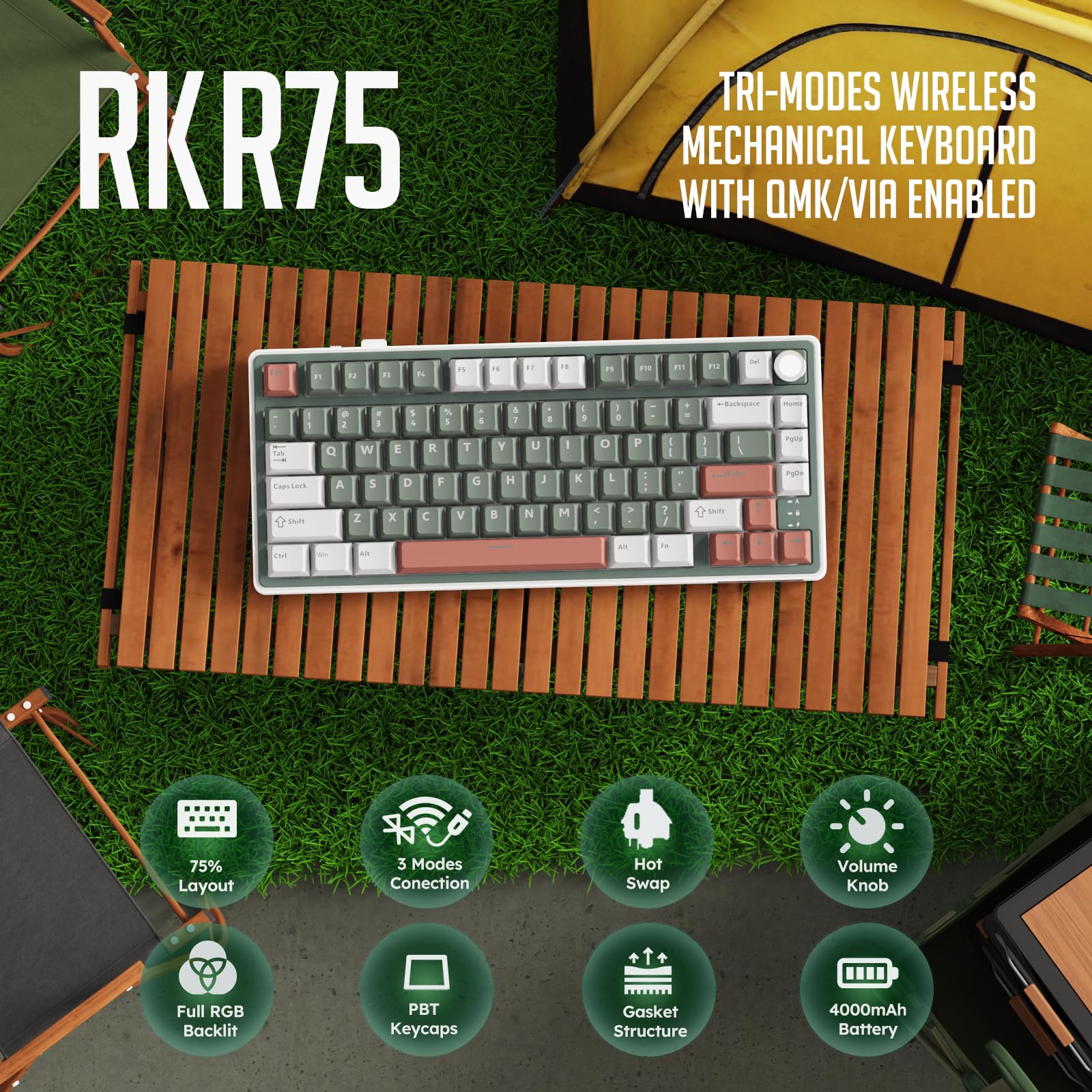 RK ROYAL KLUDGE R75 75% Wireless Mechanical Gaming Keyboard - RGB Backlit, Hot Swappable Cream Switch, Gasket Mount, BT5.1/2.4GHz/USB-C with Knob & PBT Keycaps | Perfect for PC Gaming, Office Work & Typing Enthusiasts