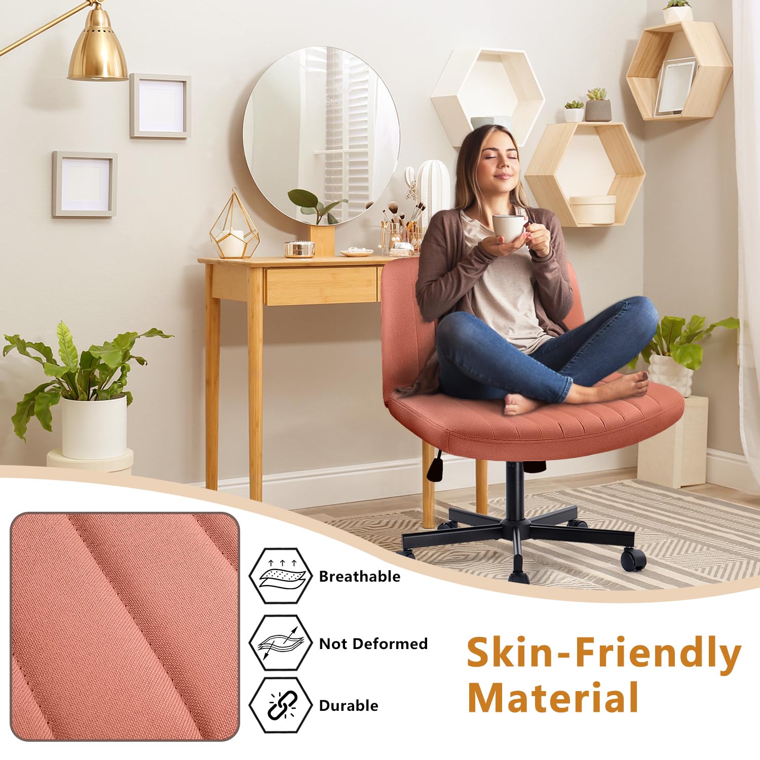 Criss Cross Chair with Wheels - Armless Cross Legged Office Vanity Chair - Comfortable Fabric Wide Swivel Desk Chair for Home Office - Adjustable Vanity Chair with Back Support - Brown - Perfect for Workstations, Makeup Tables & Small Spaces