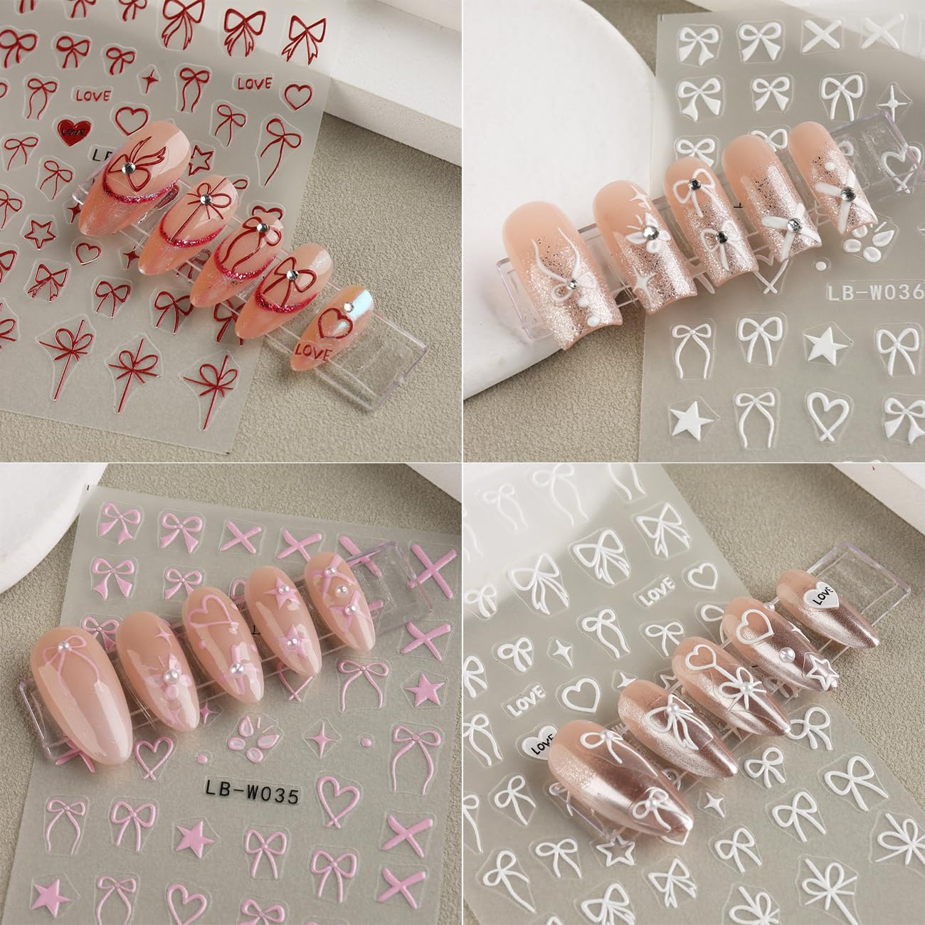 Valentine's Day 3D Heart Bow Nail Art Stickers - Self-Adhesive Nail Decals in White, Red & Pink for Women's Manicure | Perfect for Romantic Dates, Bridal Showers & Daily Nail Art Designs
