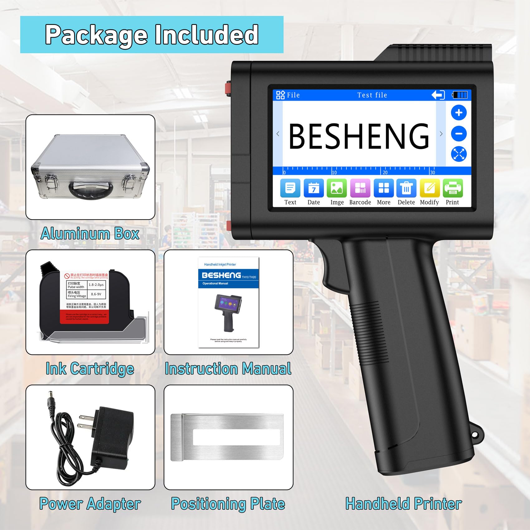 BESHENG TH10 Portable Inkjet Printer - 2~12.7mm Printing Height, Quick-Drying Ink Cartridge for Date/Time/QR Code/Text (Ideal for Food Packaging, Pharmaceutical Labeling & Industrial Product Coding)