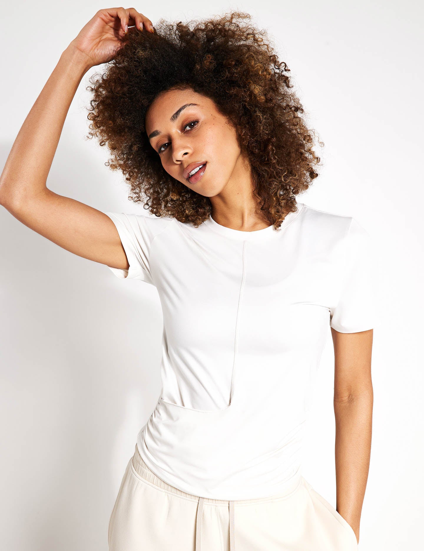 Women's Scoop Neck Wrap Front Yoga T-Shirt - Ivory | Comfortable Workout & Lounge Top for Yoga, Pilates & Casual Wear