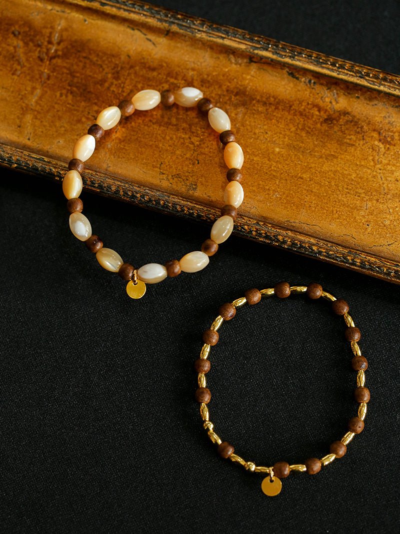 Sandwood Gold Elastic Beaded Bracelet Set - 2 Piece Boho Chic Stretch Bracelets for Women - Perfect for Yoga, Meditation & Everyday Wear