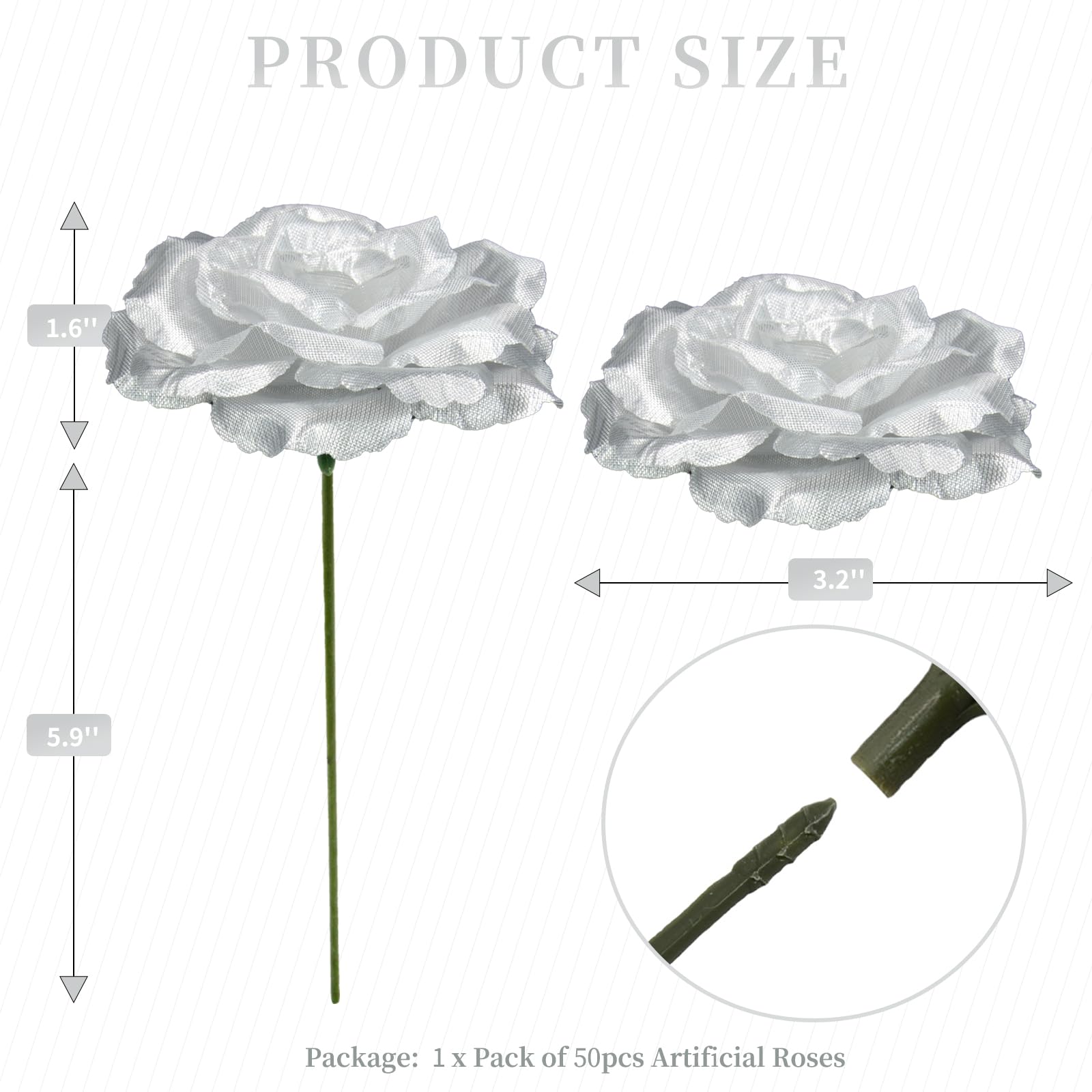 50 Silver Artificial Rose Head Flowers with 3