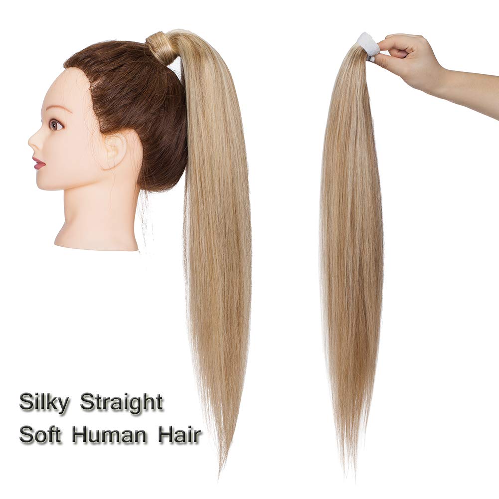 Clip-In Human Hair Ponytail Extensions - 22in Remy Hair Straight Ponytail Wrap with Magic Paste for Women & Girls | Ash Brown & Bleach Blonde (#12 & #613) | Perfect for Parties, Weddings & Everyday Styling