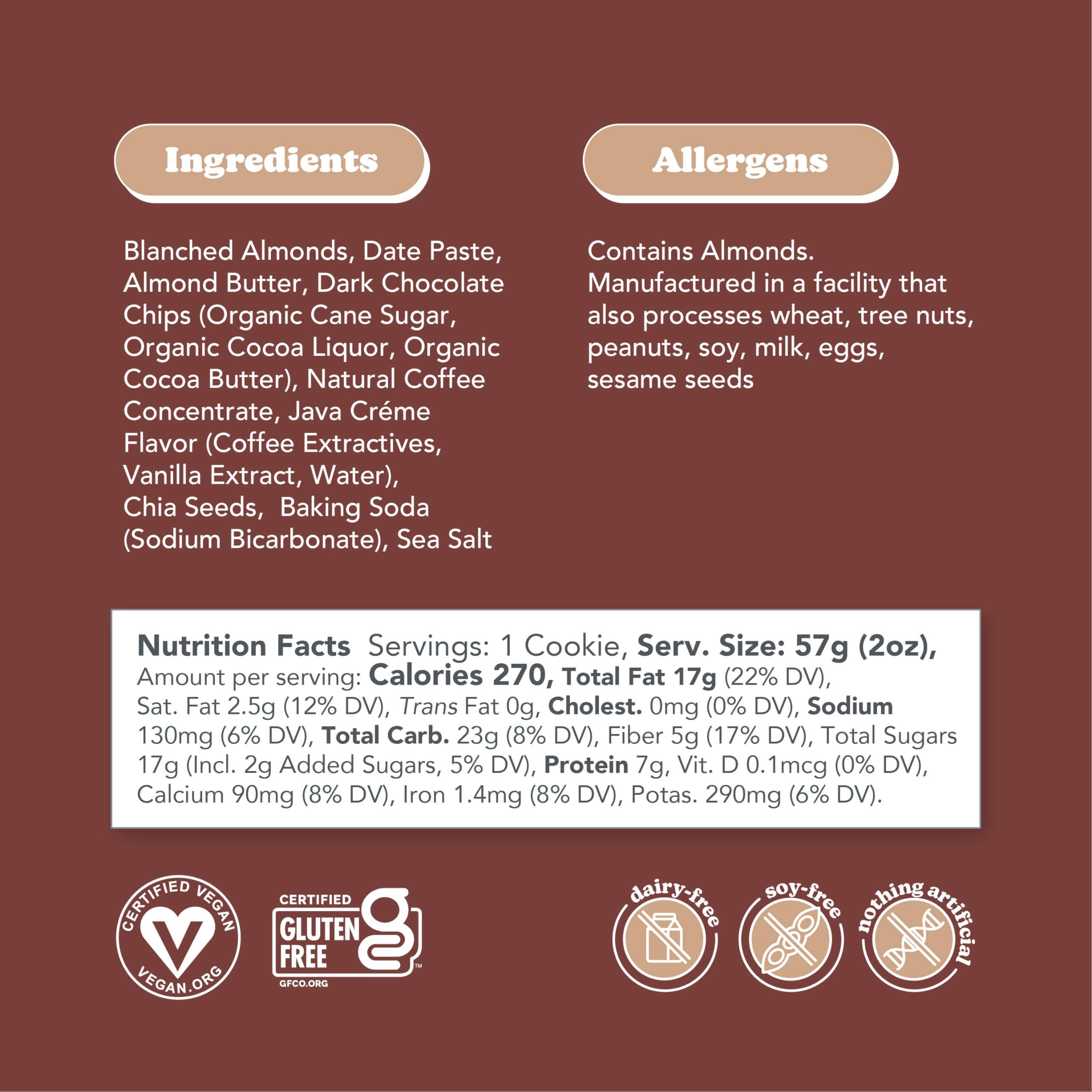 Love + Chew Gluten-Free Vegan Mocha Chip Cookies - High Protein Almond Snacks, Paleo & Non-GMO - Individually Wrapped, Soft Baked (2oz Each, 60 Count Bulk Box) - Perfect for Office Snacks, School Lunches & Healthy On-the-Go Treats