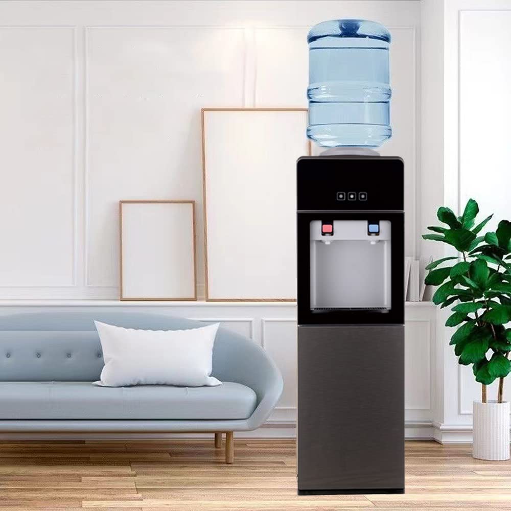 Top Loading Hot & Cold Water Cooler Dispenser for Home & Office - 3/5 Gallon Bottle Capacity with Removable Drip Tray & Storage Cabinet - Ideal for Kitchen, Living Room, Office Break Room (Black)