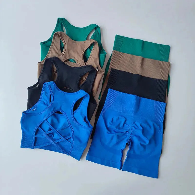 2 PCS Women's Seamless Yoga Set - Sexy Sports Bra & High Waist Workout Shorts - Gym Clothing for Women - Fitness Activewear Set - Perfect for Yoga, Pilates, Running & Gym Training